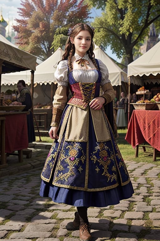 A medieval girl in traditional dress, in a town square, festival, medieval bacchanalia, tents, vendors, mysterious medieval, masterpiece,High detailed,watercolor, ,ukrainian dress