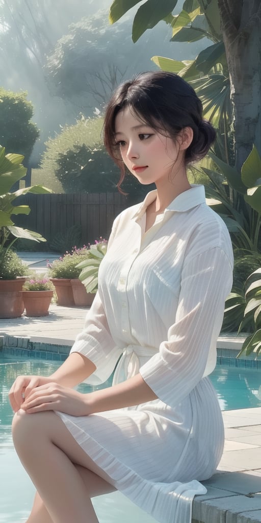 Soft focus on the serene young woman reclining in a hammock, her cream-colored shirt glowing like misty dawn light. The pool's gentle ripples reflect the morning's tranquility. In the distance, the large glass window of the charming cottage's terrace beckons, its modern lines subtly contrasting with the idyllic scenery. Brushstrokes dance across the canvas, capturing the fleeting moment as morning sunlight caresses her skin.,better_hands