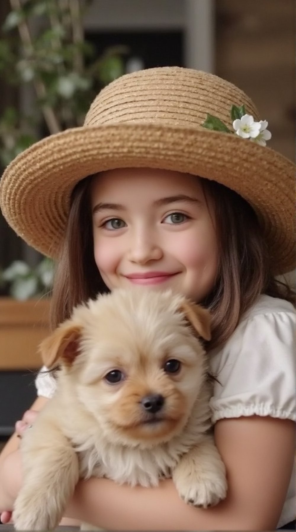 A cute little girl with big green eyes, florish large hat, smiling to camera, hugging a cute puppy. Ultra realistic photo.