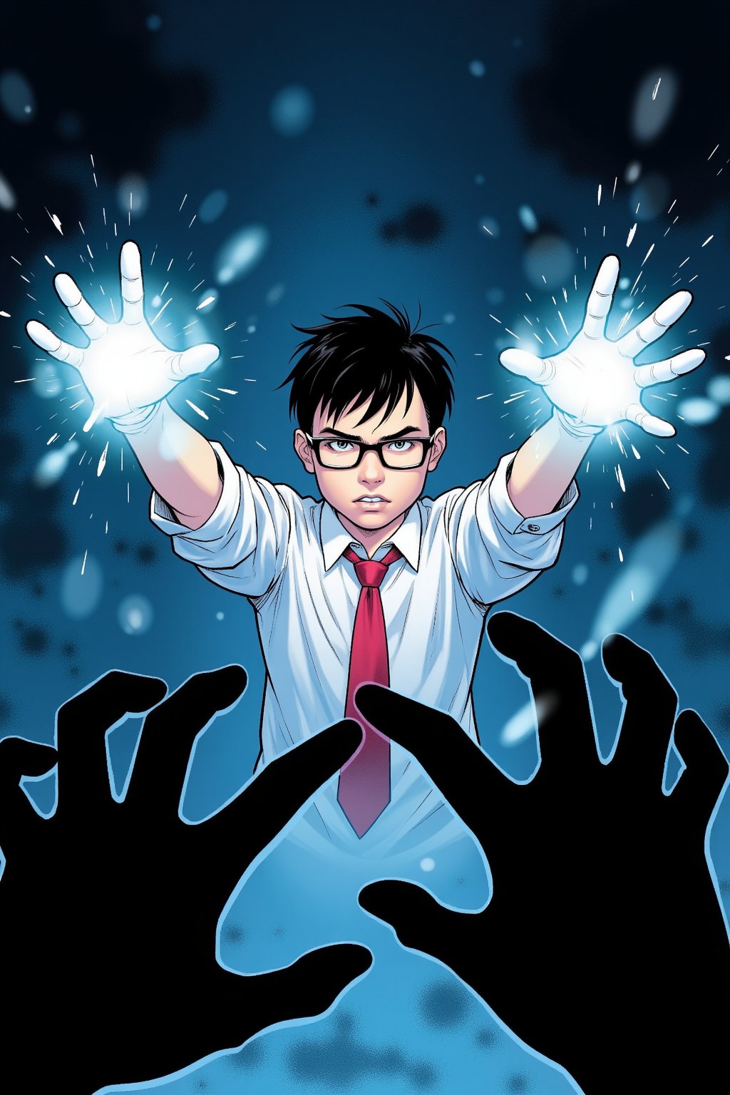 A FrameForge style illustration. The central figure is a young British boy with short, dark hair and glasses, wearing a white shirt with rolled-up sleeves and a red tie. He is mid-action, with a determined expression on his face, and his body is slightly angled towards the viewer. His hands are extended, one holding a white orb of light, and the other appears to be summoning magic. The background is a dark, swirling blue, suggesting a magical or mystical environment. The boy's arms are surrounded by glowing, ethereal light, indicating the presence of magical energy. In the foreground, two large, black, shadowy hands are reaching towards the boy, as if trying to grasp or control him. The overall style is a blend of realistic and fantastical, with a focus on dynamic action and mystical elements.