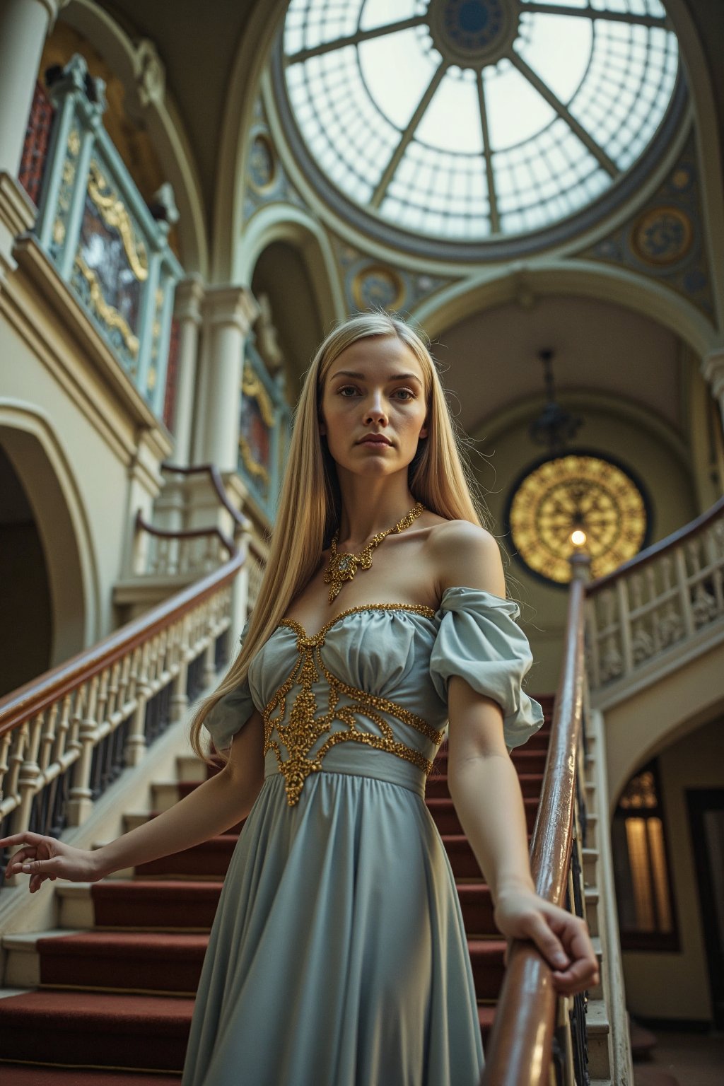 A gorgeous young girl with long, blonde hair. She is on the grand staircase, one hand leaning on the railing, She is looking at the camera with a frown. She is wearing a low cut, off-shoulders dress and large jewelry, all designed in the FLUXEvue style. The mansion furniture, staircase and the wallpaper is also designed in the FLUXEvue style. The lighting is natural, coming from large windows and a dome like skylight. Shot with a Hasselblad X2D 100C, low exposure, high contrast, ISO 125, with a 80mm prime lens.