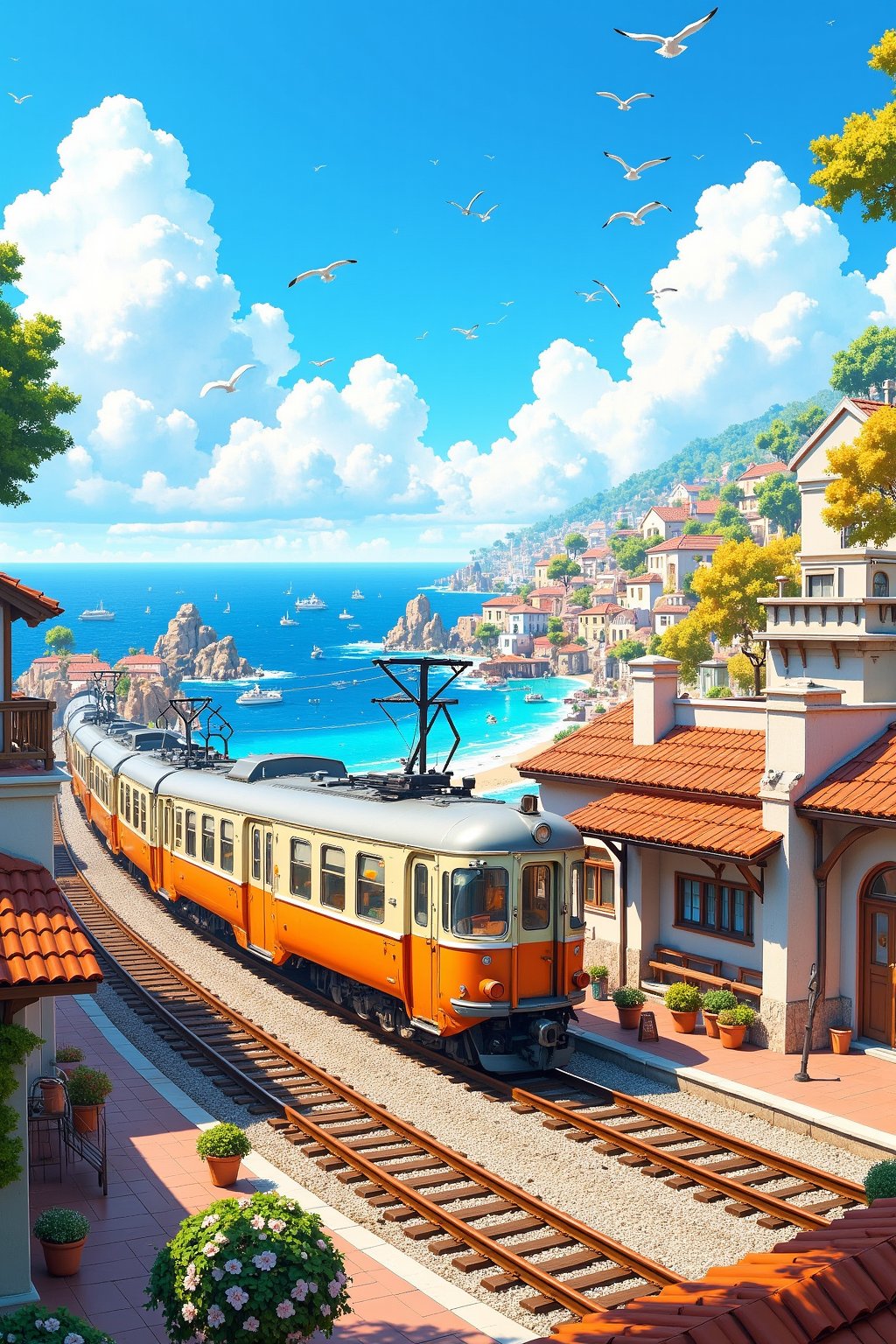 A vibrant, detailed illustration in FrameForge style. It depicts a picturesque coastal town with a bustling train station. The scene is set in a sunny, clear day with a bright blue sky filled with fluffy white clouds and seagulls flying overhead. A vintage orange and cream-colored train is prominently featured in the foreground, traveling along a set of railway tracks that run through the center of the image.