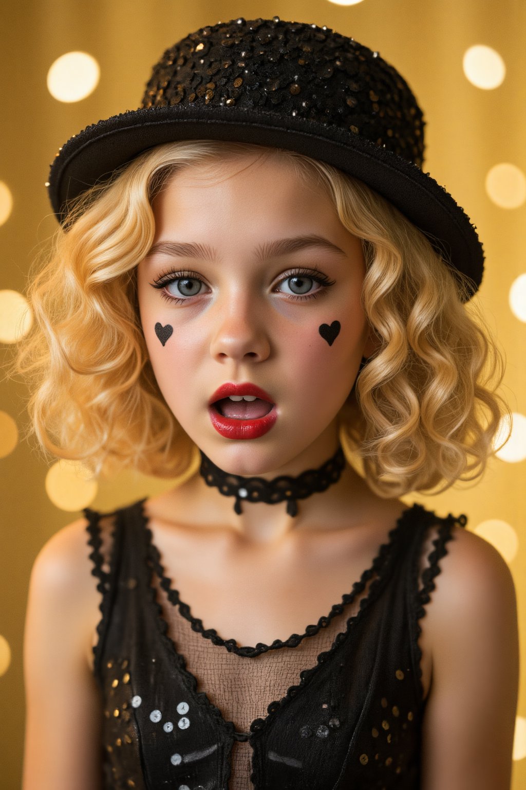 A photo featuring a young girl in a dramatic, theatrical pose. She is wearing a black, sparkly round hat adorned with sequins, which sits atop her voluminous, curly blonde hair. Her makeup is bold and striking, with heavy black eyeliner, mascara, and dark red lipstick, giving her a sultry, almost vampiric appearance. She has a black beauty mark in the shape of a heart on her left cheek, adding to the dramatic effect. Her expression is one of intense focus or surprise, with her mouth slightly open and her eyes wide. The background is a blurred, warm yellow, suggesting a stage setting with soft, out-of-focus bokeh lights in the background, creating a sense of depth and a slightly dreamy atmosphere. The lighting highlights her features and the textures of her hair and hat, making them stand out prominently. The overall style of the image is reminiscent of vintage glamour, possibly influenced by 1920s or 1930s Hollywood aesthetics. The girl’s outfit and accessories, along with the dramatic makeup and lighting, contribute to a striking and memorable visual.