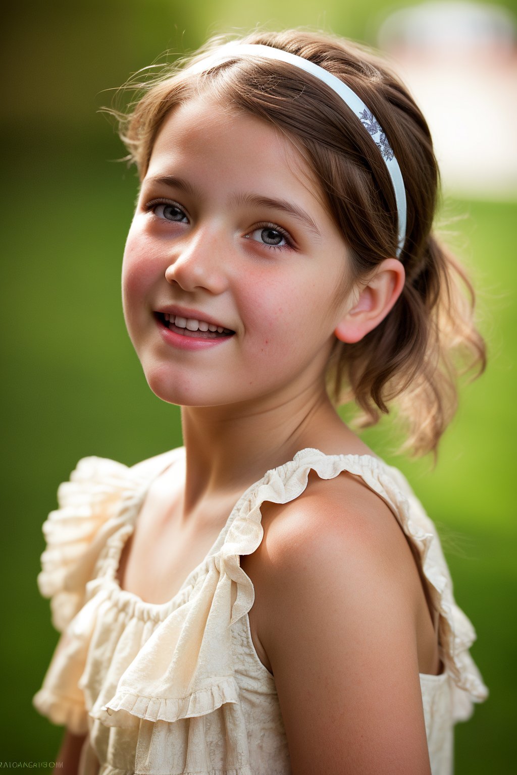 pr3tty girl, 13 years old, solo, light brown  hair, detailed face, facial expression, excited, open mouth, wide smile, wide open eyes, detailed skin, eye contact, vintage frilly dress, headband, facing viewer, natural light, shallow depth of field, bokeh, highly detailed, realistic