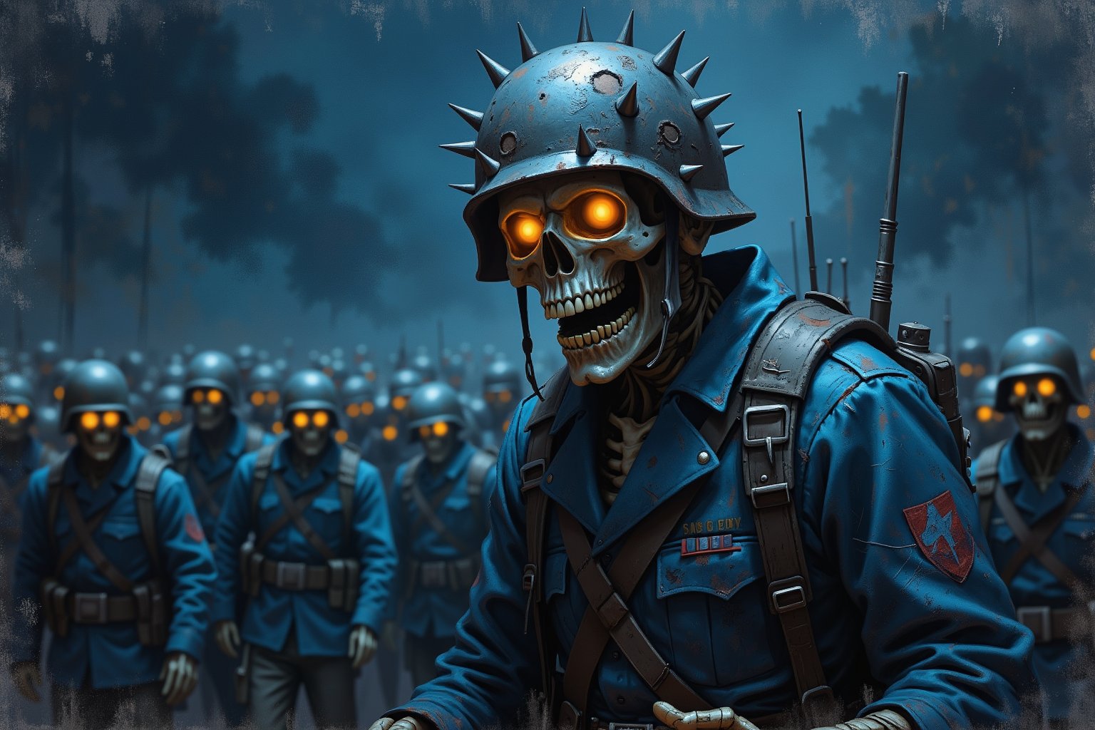 An evolyzed rendering featuring a dark and eerie scene. The central figure is a skeletal soldier, dressed in a torn, dirty, blue military uniform with a helmet adorned with sharp metal spikes. The soldier's face is a skull with glowing, yellow-orange eyes that stand out vividly against the dark background. The skull's teeth are bared in a menacing grin, and the skin around the eyes is stretched tightly, adding to the sinister appearance. The soldier's hands are skeletal, with long, bony fingers. The background is a deep, dark blue, almost black, with a subtle gradient that becomes lighter towards the top, suggesting a night sky or an underground setting. The scene is filled with numerous smaller, indistinct figures, also dressed in military uniforms, who are partially visible but not in focus, adding to the sense of a large, looming crowd. The overall atmosphere is ominous and foreboding, with a sense of impending doom. The image has a gritty, textured feel, with visible scratches and wear, giving it a vintage, distressed look. The contrast between the bright, glowing eyes and the dark, shadowy background enhances the eerie and nightmarish quality of the artwork.