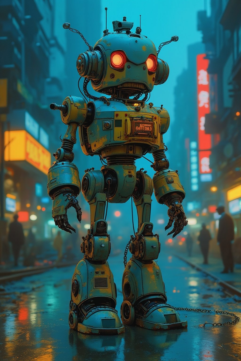 RetroSci style. A clunky, metallic robot with glowing red eyes and outdated technology, standing in a futuristic cityscape bathed in neon lights. The robot is painted in a color scheme of silver, blue, and yellow, and has a clunky, mechanical design.