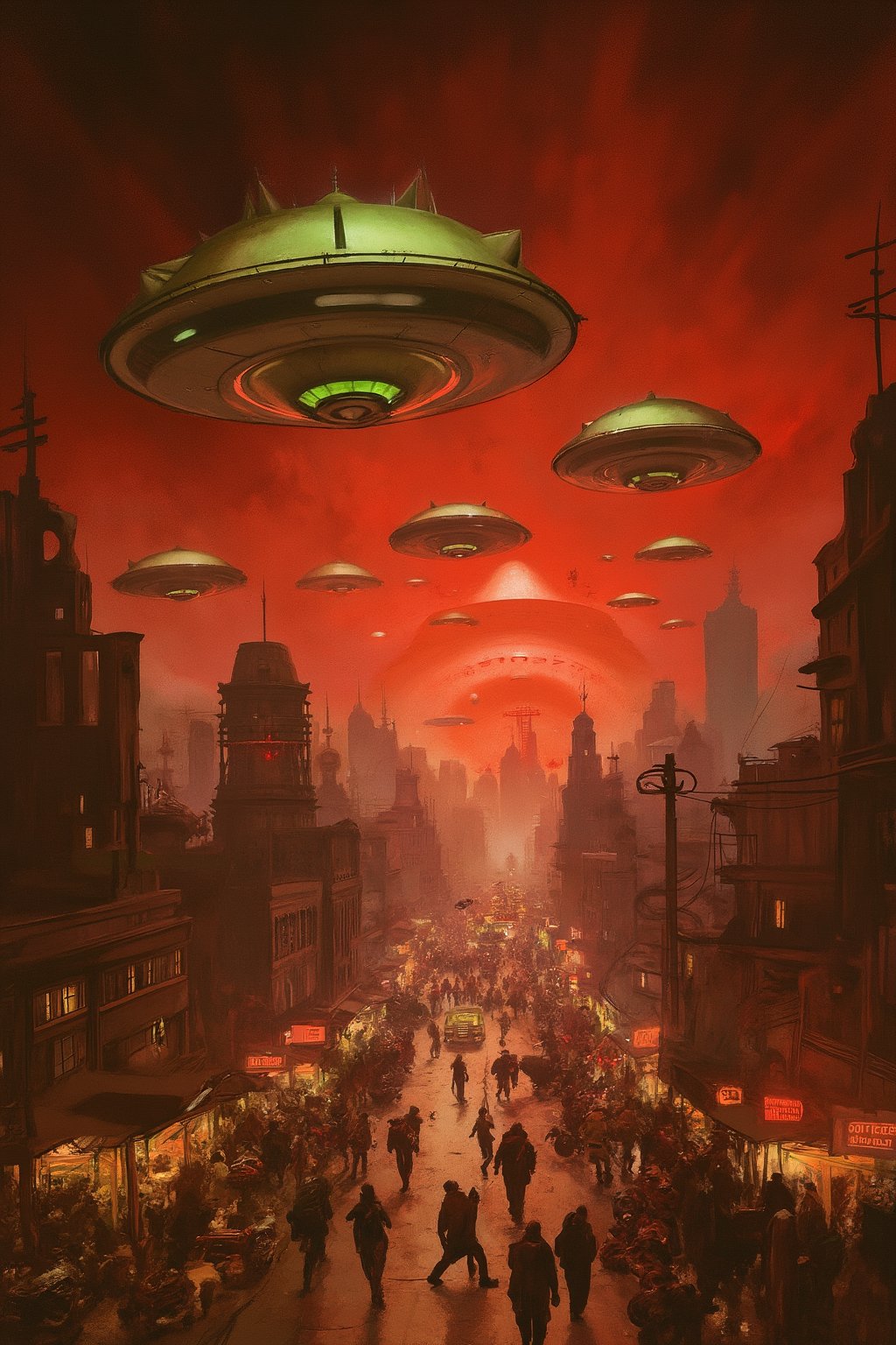 RetroSci style. A swarm of alien spacecraft, shaped like flying saucers with pulsating green lights, descending upon a bustling city. The city is bathed in a red glow from the spacecraft, and people are fleeing in panic.