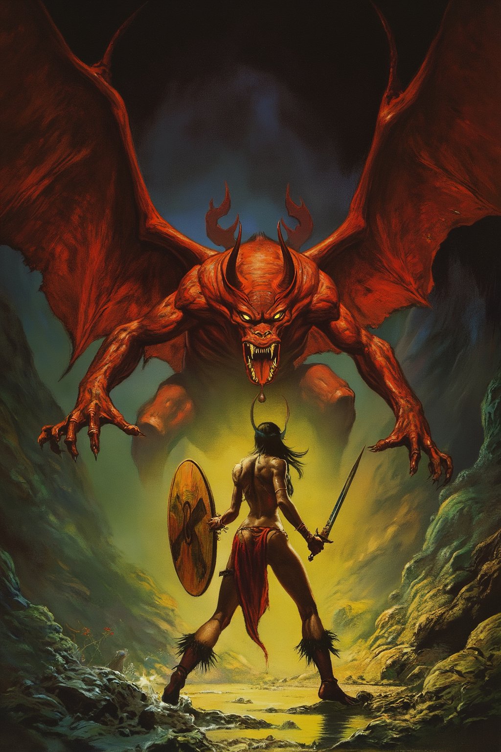 RetroSci style. A giant, red, winged deamon is looming above a revealingly dressed female warrior who is facing the deamon. Her shield is up and sword raised. Background is a cave, glowing with radiation. Action and drama with vibrant colors.