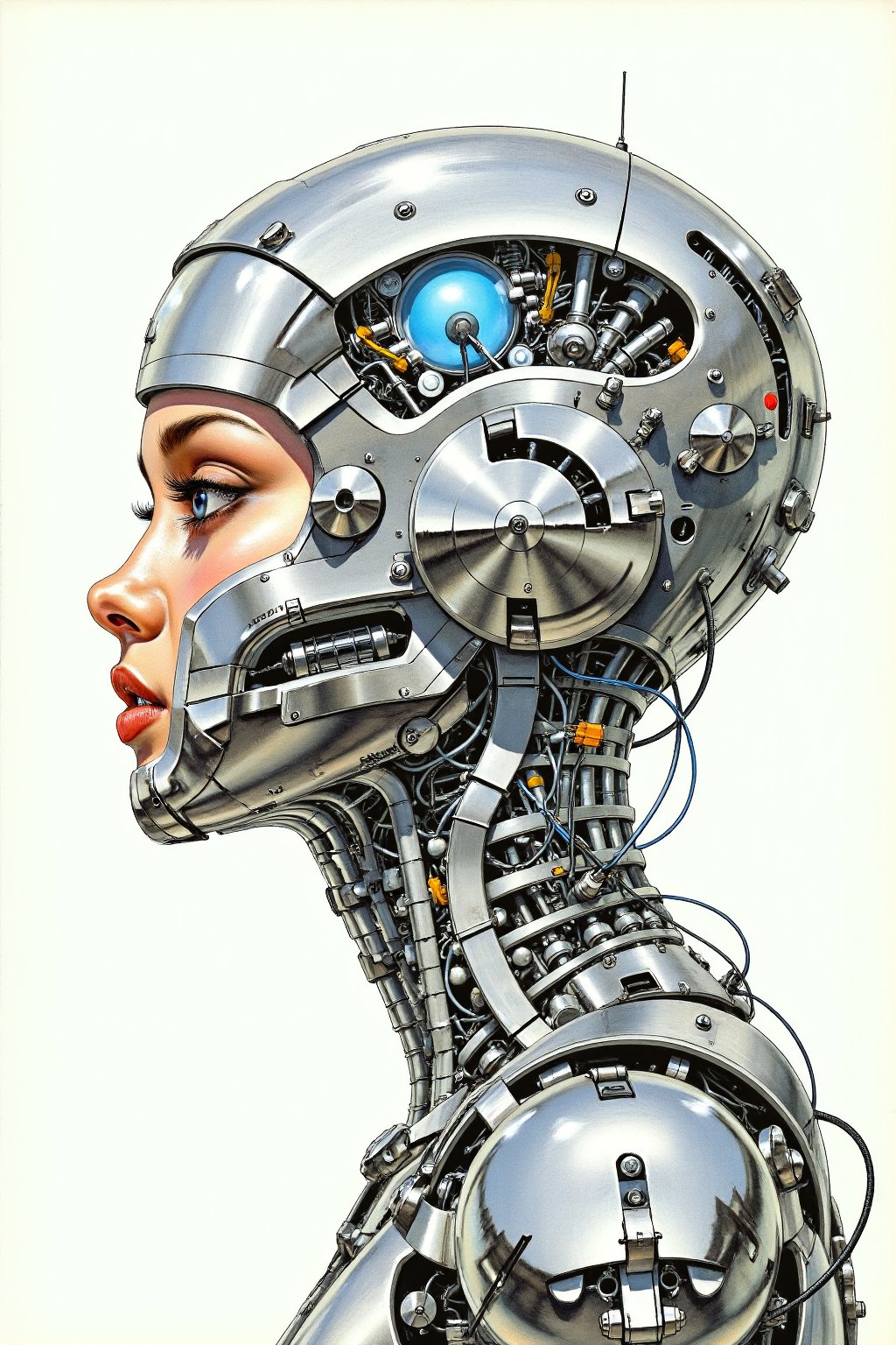 RetroSci style. A highly detailed illustration. It features a close-up profile view of a woman's face and upper neck, rendered in a sleek, metallic, and futuristic aesthetic. The woman's head and neck are encased in a silver, high-tech exoskeleton, resembling a futuristic helmet or robotic armor. The helmet is adorned with intricate, glowing blue circuitry and various mechanical components, giving it a cybernetic appearance.