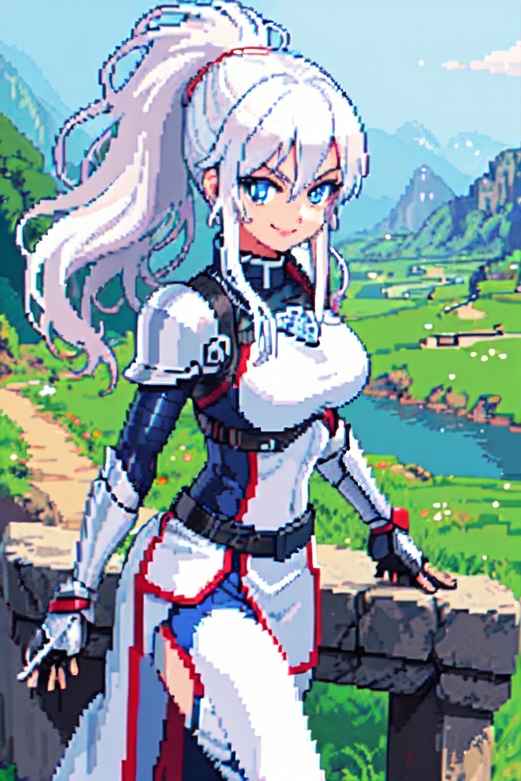 anime, 1 girl, warrior, beautiful background, beautiful landscape, good quality, detailed, white hair, armor, smile, close up, beautiful eyes, blue eyes, athletic body, Pixel Art