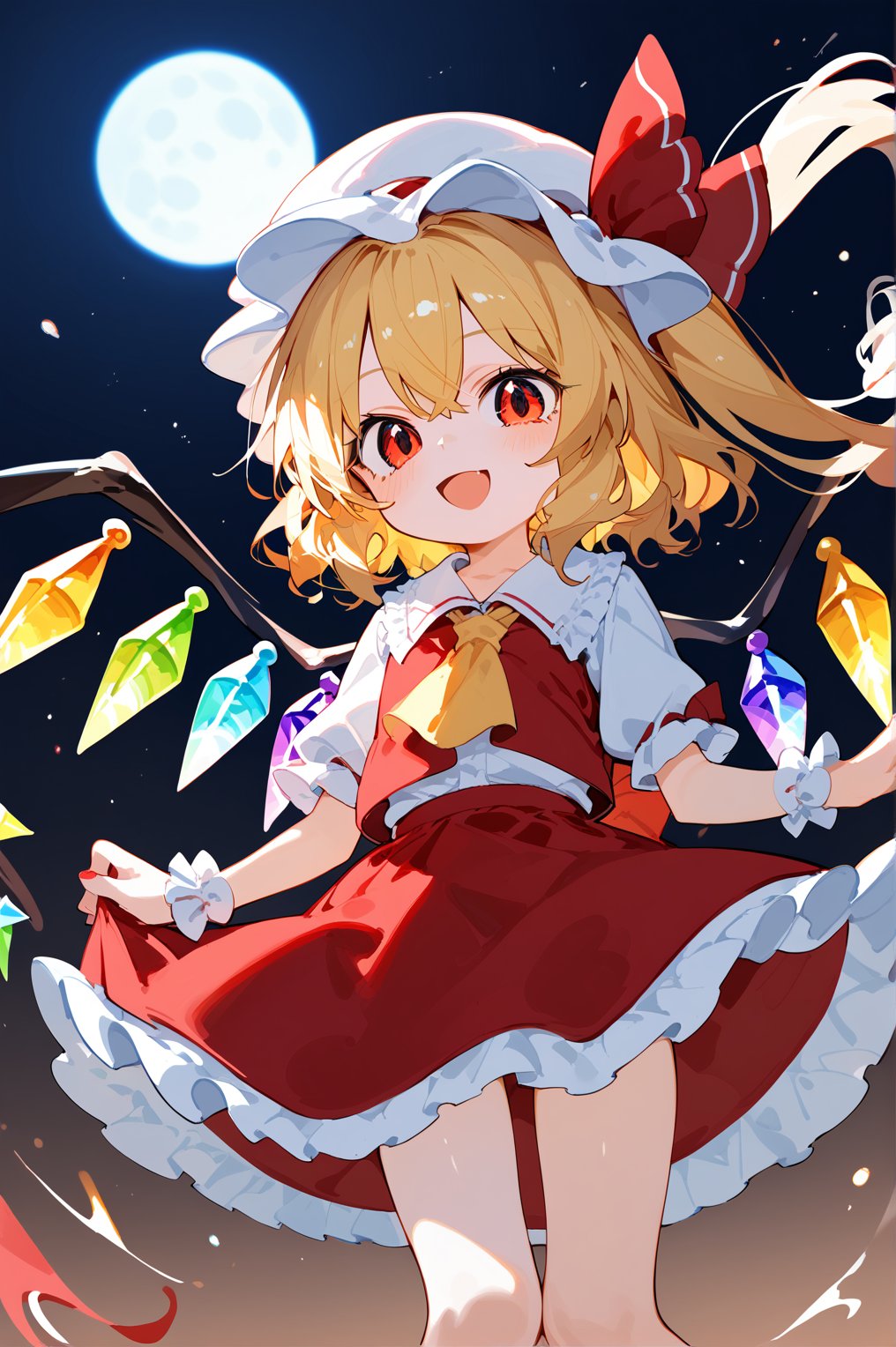 (score_9, score_8_up, score_7_up) (child,loli ,flandre scarlet)) 1girl, solo, blond hair, score_9_up,score_8_up, source_anime,solo,1girl,big eyes ,,, ,,moon night,,,skirt,,red skirt,skinny,touhou , , ,open mouth  , blush face, smile,White hat, frill, thigh, basic_background