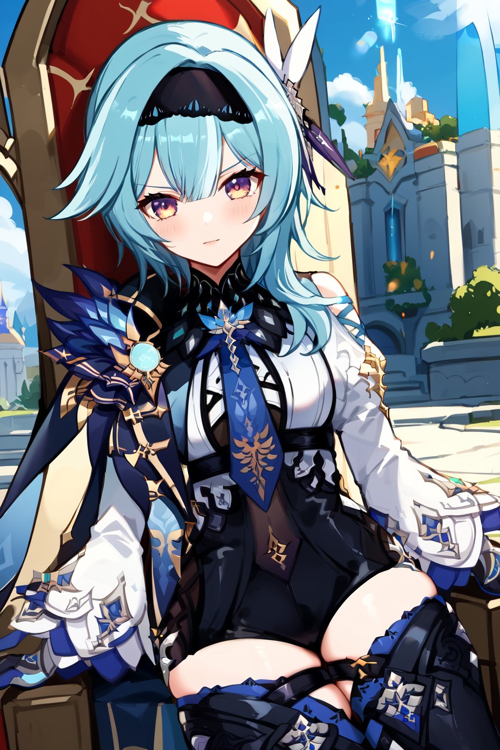 Prompt: Eula of genshin impact,looking at the camera sitting on a throne, with a castle in the background,eula (genshin impact), hairband, blue hair, multicolored eyes, necktie, cape, vision \(genshin impact\), leotard, long sleeves, gloves, sidelocks, black thighhighs,,
