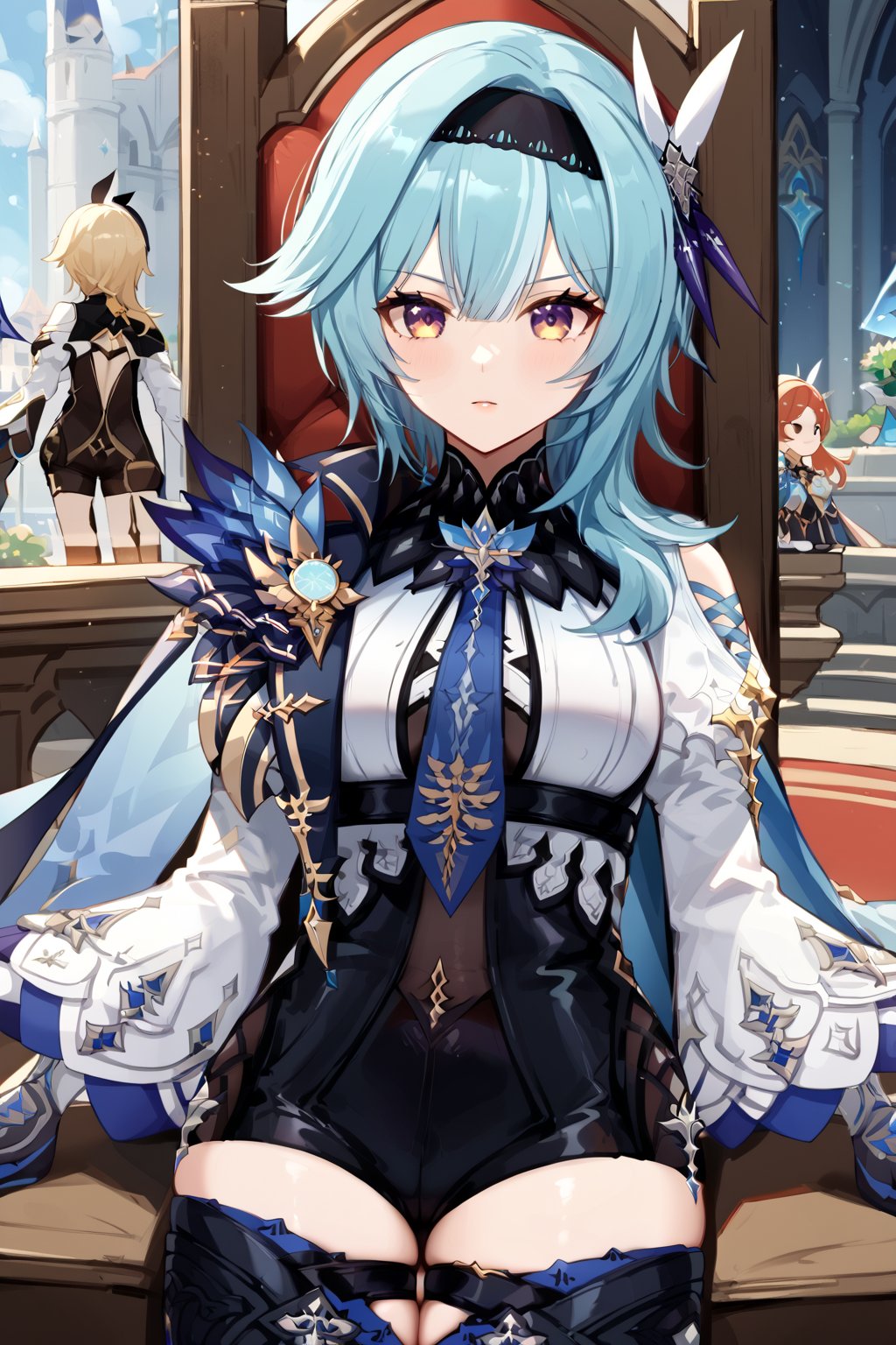 Prompt: Eula of genshin impact,looking at the camera sitting on a throne, with a castle in the background,eula (genshin impact), hairband, blue hair, multicolored eyes, necktie, cape, vision \(genshin impact\), leotard, long sleeves, gloves, sidelocks, black thighhighs,,
