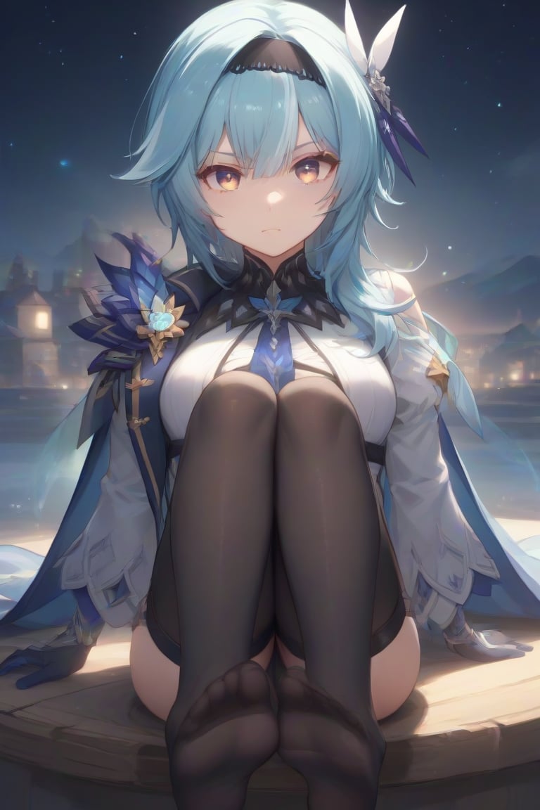 A close-up shot of Eula from Genshin Impact sitting with her arms wrapped around her legs, hairband, blue hair, multicolored eyes, necktie, cape, vision \(genshin impact\), leotard, long sleeves, gloves, sidelocks, wear black thin stockings showing beautiful toes,creating a protective and introspective pose. The scene is dimly lit with a soft, cool light emphasizing her contemplative expression. The background is a misty, ethereal landscape with faint hints of mountains and a starry sky. Composition is centered, focusing on her serene yet determined face.,score_9,source_anime