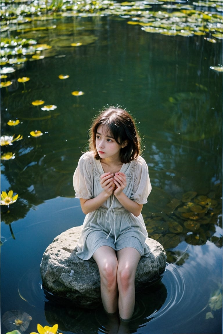 a girl sitting on a rock in the water, fantasy art, beautiful pink little alien girl, soft light misty yoshitakae amano, very sad emotion, reflecting flower, her hands are red roots, magali villeneuve and monet, detailed art in color, little girl, sitting at a pond, timid,1 girl, masterpiece,best quality