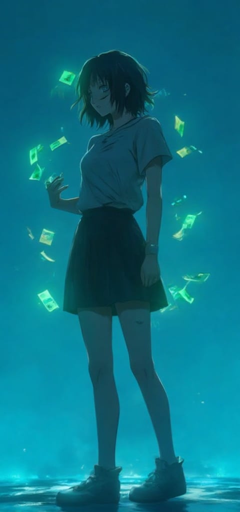 female figure standing against a blue background, anime style, glowing green cards floating around her.