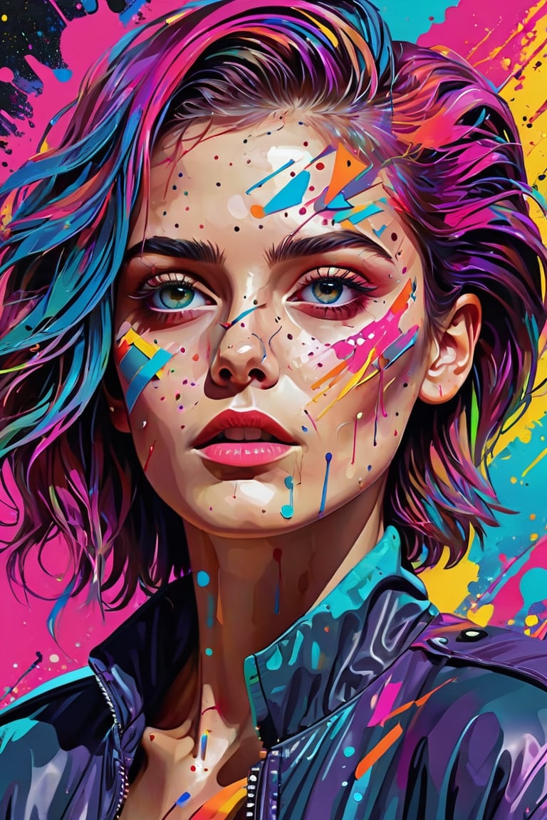 women, lady, geometric, extreme quality, cg, detailed face+eyes, (bright colors), splashes of color background, colors mashing, paint splatter, complimentary colors, electric, neon, magical, mick jager, impatient, (limited palette), synththwave, masterpiece, fine art, upperbody, Leonardo Style, Movie Still, vector art, illustration,vector art illustration,aesthetic portrait