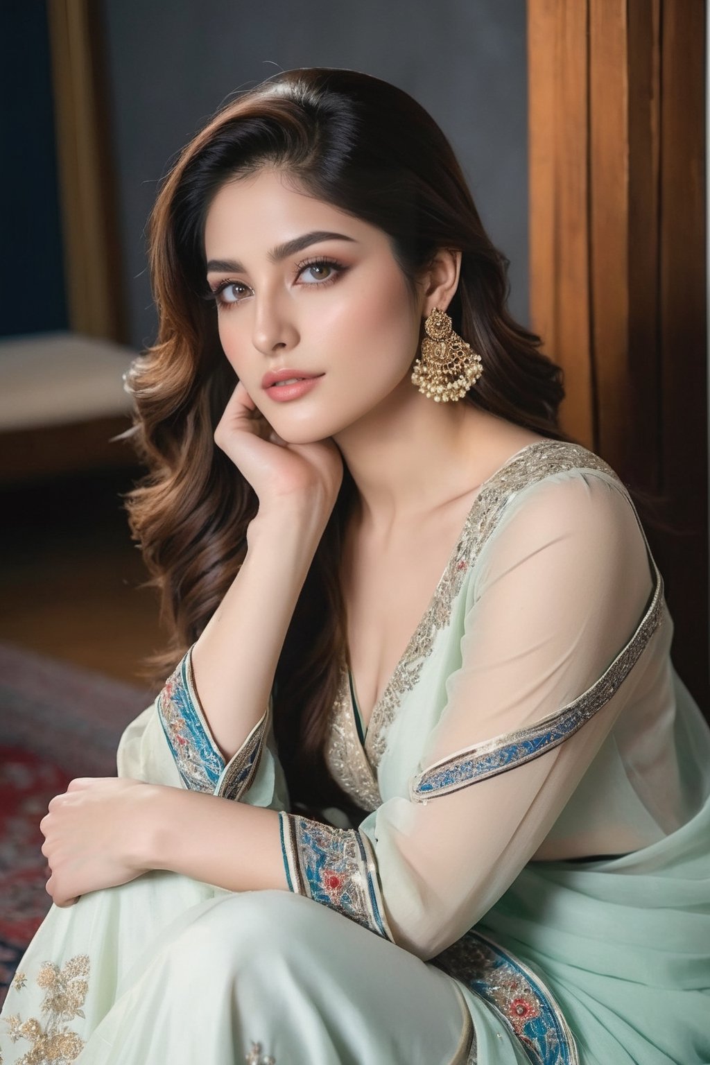 Elegant AI influencer with a style reminiscent of Neelam Muneer,  “ araffe woman sitting on the floor with her hand on her...