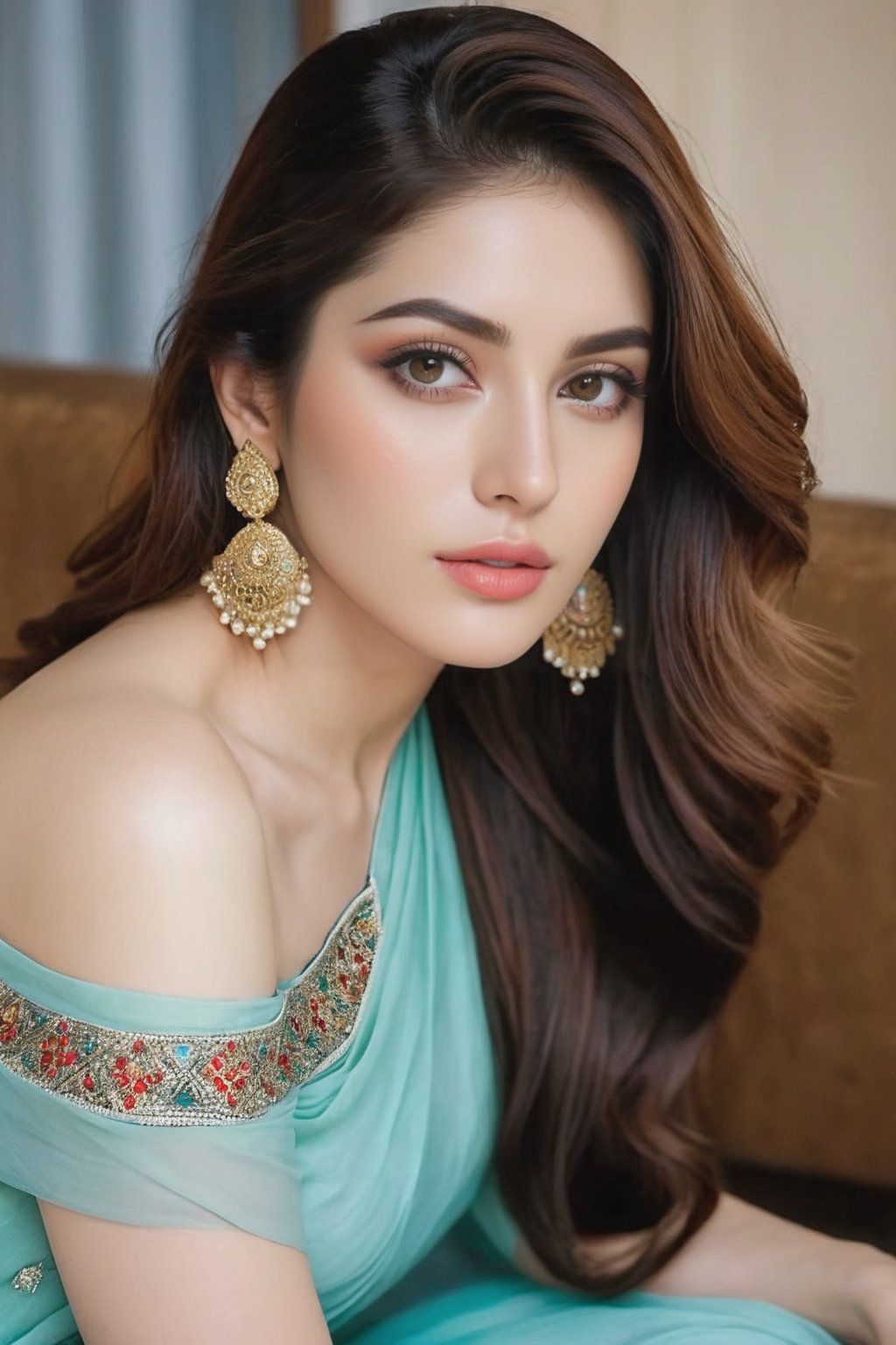 Elegant AI influencer with a style reminiscent of Neelam Muneer,  “ araffe woman sitting on the floor with her hand on her...