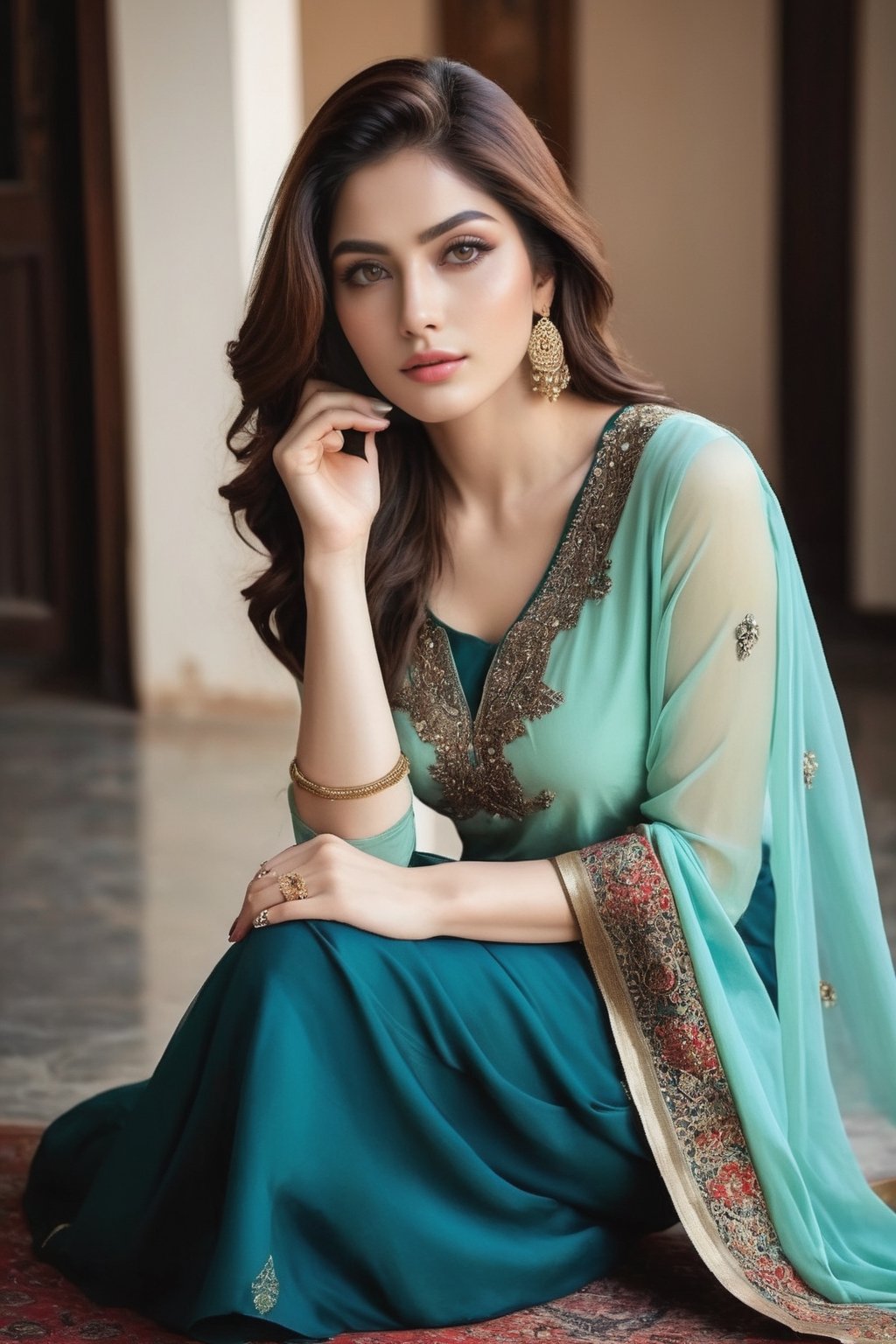 Elegant AI influencer with a style reminiscent of Neelam Muneer,  “ araffe woman sitting on the floor with her hand on her...