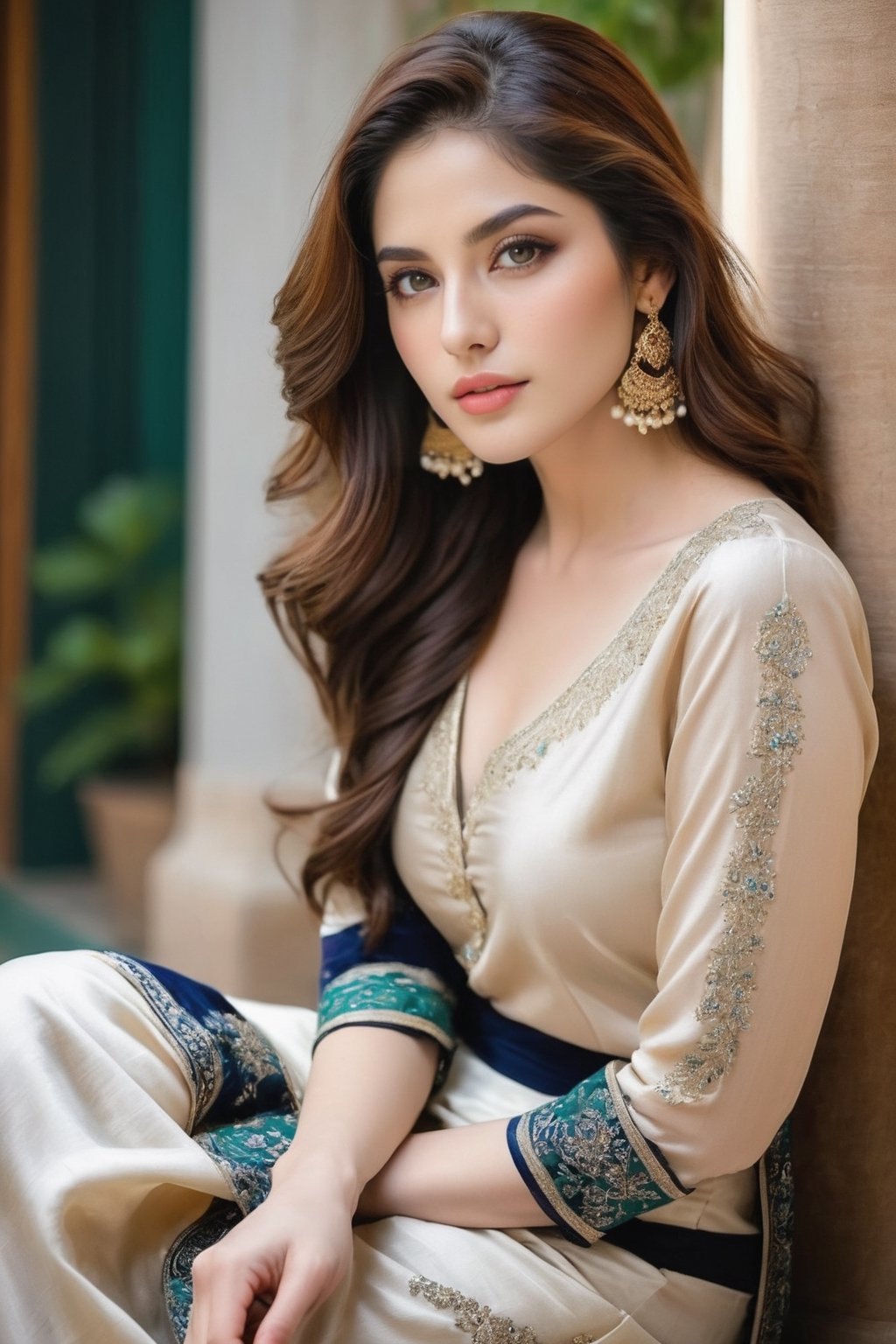 Elegant AI influencer with a style reminiscent of Neelam Muneer,  “ araffe woman sitting on the floor with her hand on her...