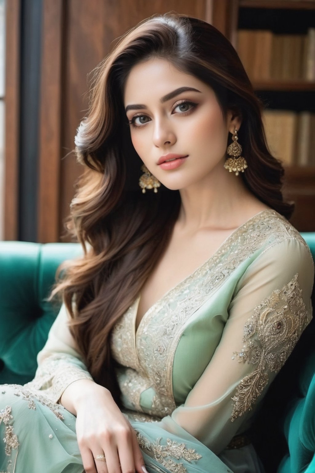 Elegant AI influencer with a style reminiscent of Neelam Muneer,  “ araffe woman sitting on the floor with her hand on her...