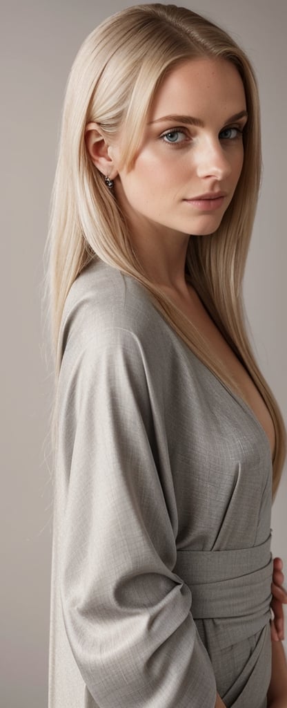 A serene English beauty stands solitary on a minimalist grey background, framed by soft focus. Long, blond hair cascades down her back, adorned with a delicate hair ornament and subtle hair flower. Her piercing black eyes gaze directly at the viewer, closed mouth conveying mystery. Sleek bangs frame her features, while a traditional kimono wraps elegantly around her upper body, tied with a sash. Raven-black locks softly fall around her face, as if she's about to share a secret meant only for the viewer, amidst a calming atmosphere of subtle lighting and simplicity.