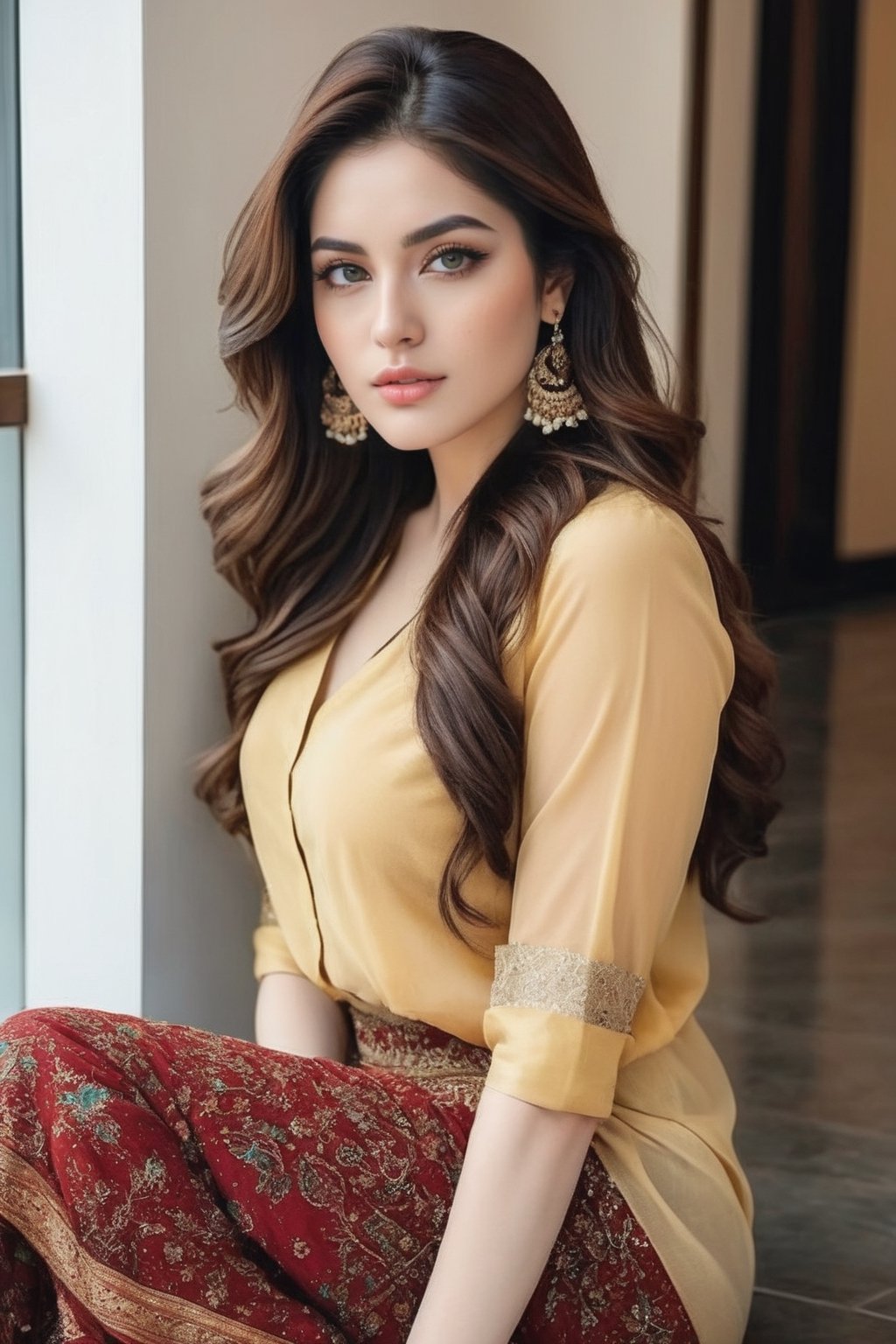 Elegant AI influencer with a style reminiscent of Neelam Muneer,  “ araffe woman sitting on the floor with her hand on her...