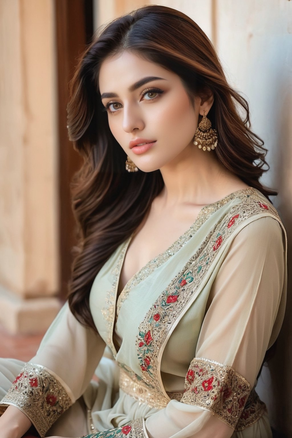 Elegant AI influencer with a style reminiscent of Neelam Muneer,  “ araffe woman sitting on the floor with her hand on her...