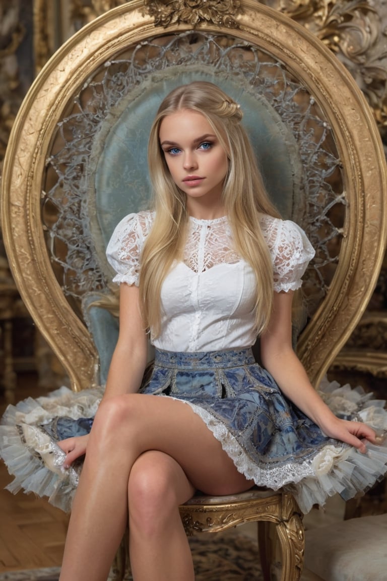 a beautiful young girl with long blonde hair wearing a mini skirt sitting on a chair in a room,  detailed face,  intricate...