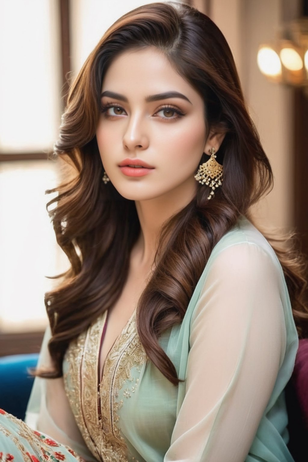 Elegant AI influencer with a style reminiscent of Neelam Muneer,  “ araffe woman sitting on the floor with her hand on her...
