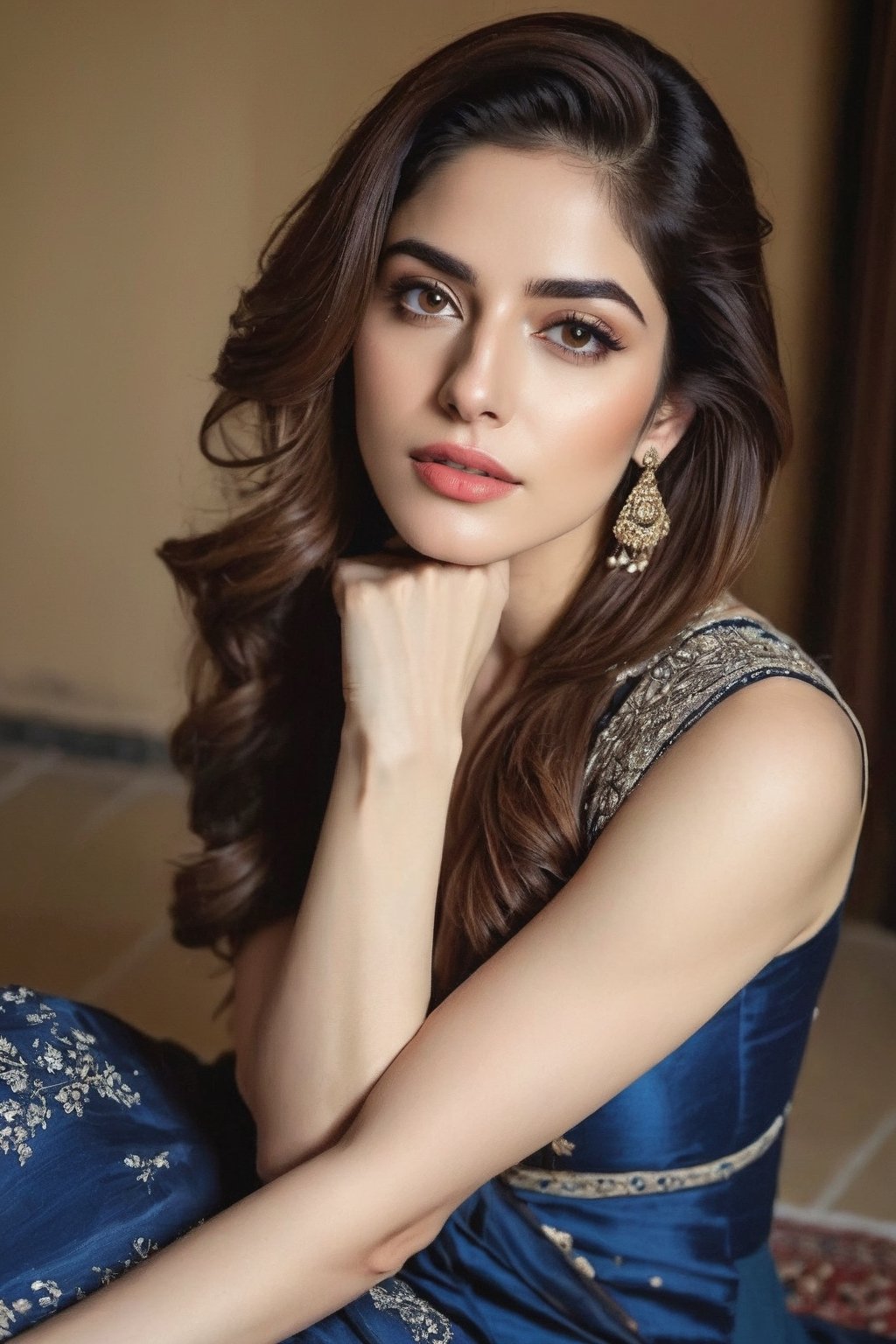 Elegant AI influencer with a style reminiscent of Neelam Muneer,  “ araffe woman sitting on the floor with her hand on her...