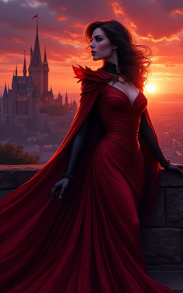 Vampirella with sexy dark red dress, against a castle background bathed in twilight ambience, Greg Rutkowski style comic painting, silhouette against setting sun, city lights beginning to twinkle, cape billowing, dramatic pose, strong contrast, glowing emblem, detailed skyline, dynamic shadows, cinematic, highly detailed.