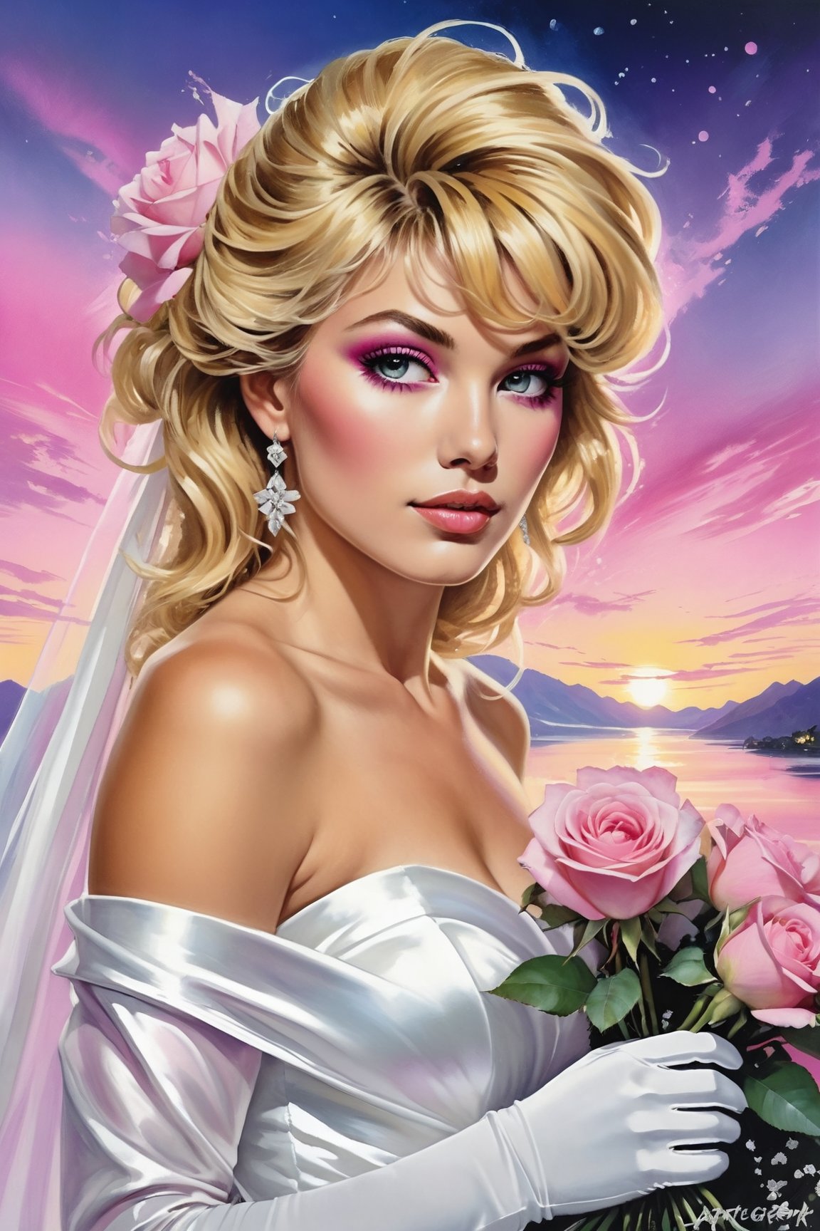 a beautiful blonde woman,  dressed in a white strapless wedding dress,  adorned with white gloves. She is holding a bouque...