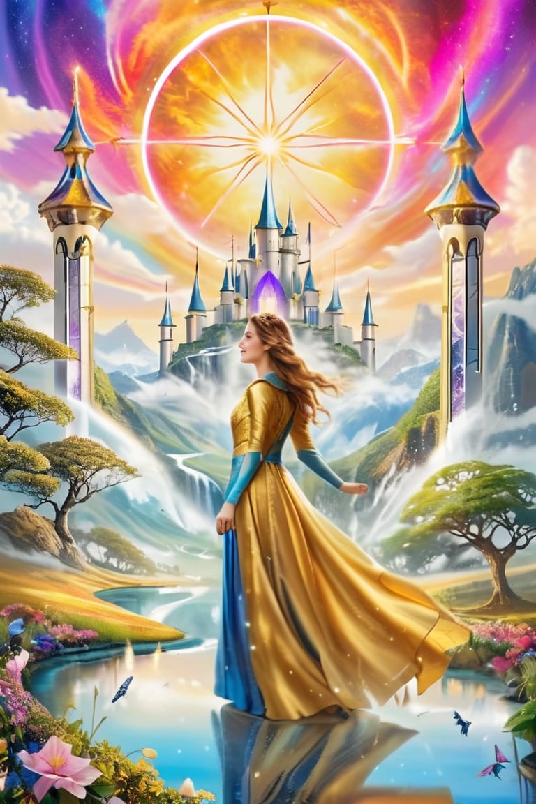 Fantasy land where time and space intertwine,  serene beauty with a face radiating joy and happiness amidst amazing and wo...