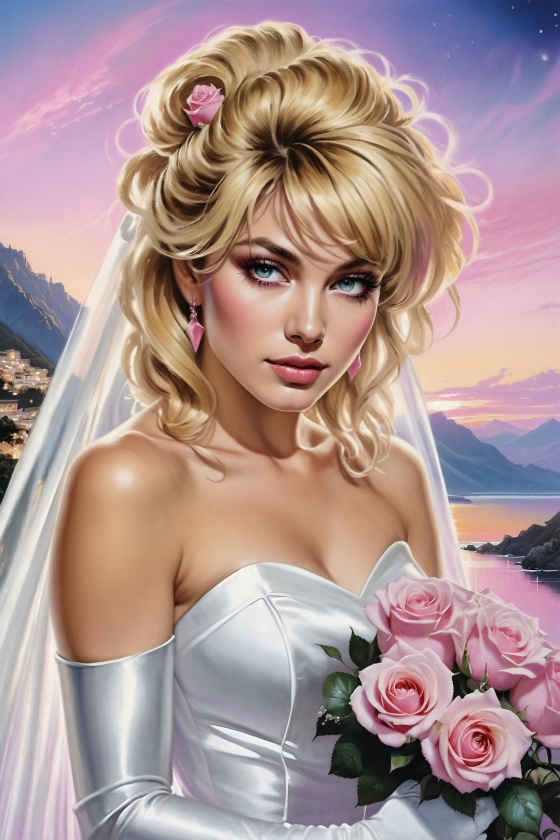 a beautiful blonde woman,  dressed in a white strapless wedding dress,  adorned with white gloves. She is holding a bouque...