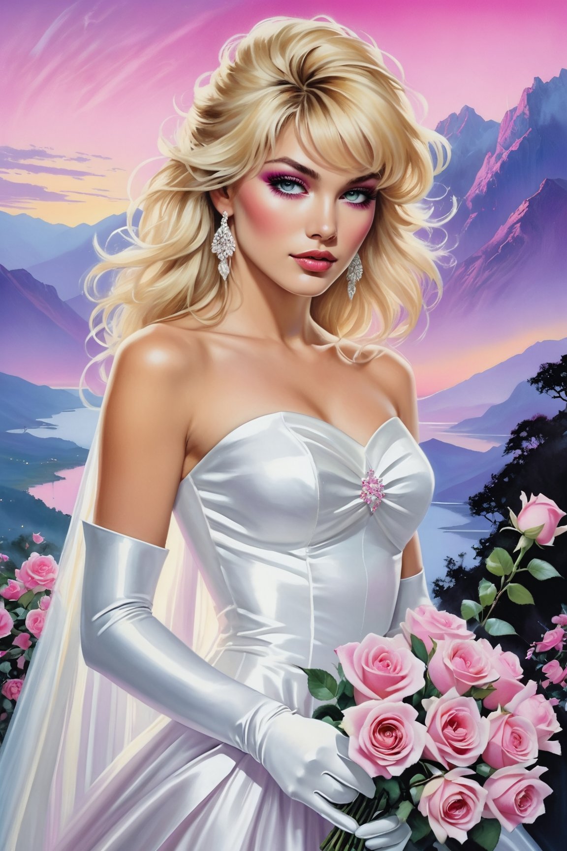a beautiful blonde woman,  dressed in a white strapless wedding dress,  adorned with white gloves. She is holding a bouque...