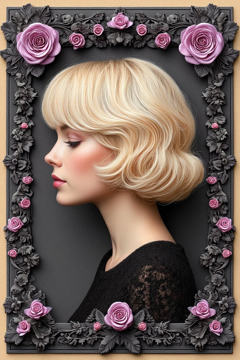 Black and mint detailed embossed, 3D Arc Color black, lavender tiny pink rosebuds baby's breath a beautiful realistic woman blonde hair with an short curly hairstyle in pastels   . The background should have an embossed effect to give depth and texture, resembling an ornate wall. Include a beige
border around the image that complements the overall warm color scheme