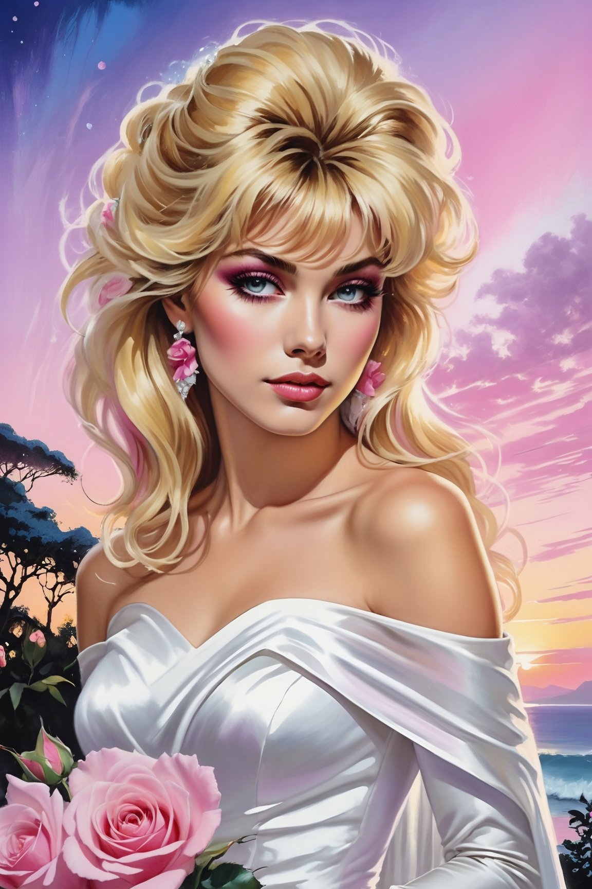 a beautiful blonde woman,  dressed in a white strapless wedding dress,  adorned with white gloves. She is holding a bouque...