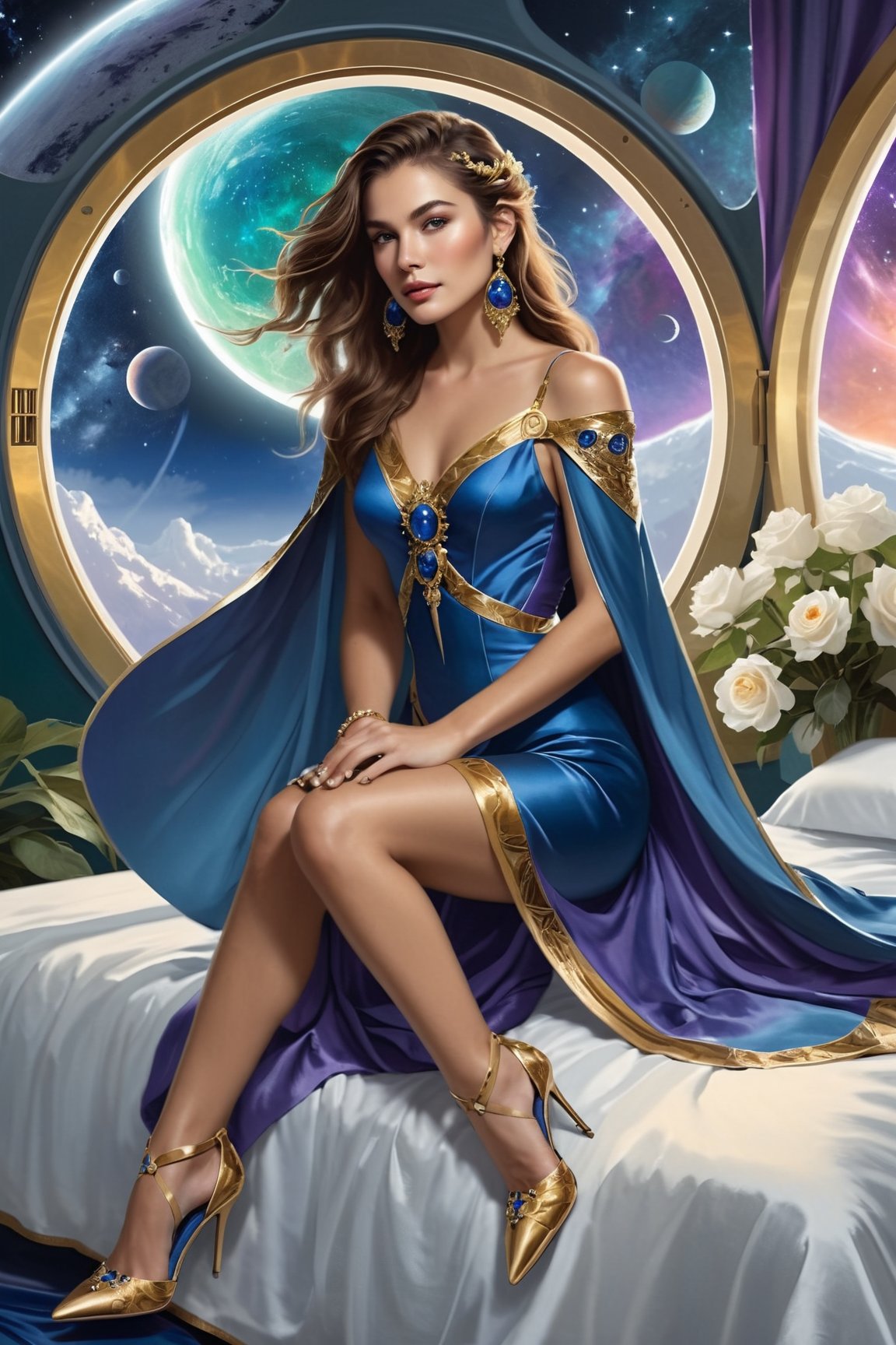 A fantastical digital painting features a woman seated dominantly on a luxurious bed draped with rich blue satin fabric. S...