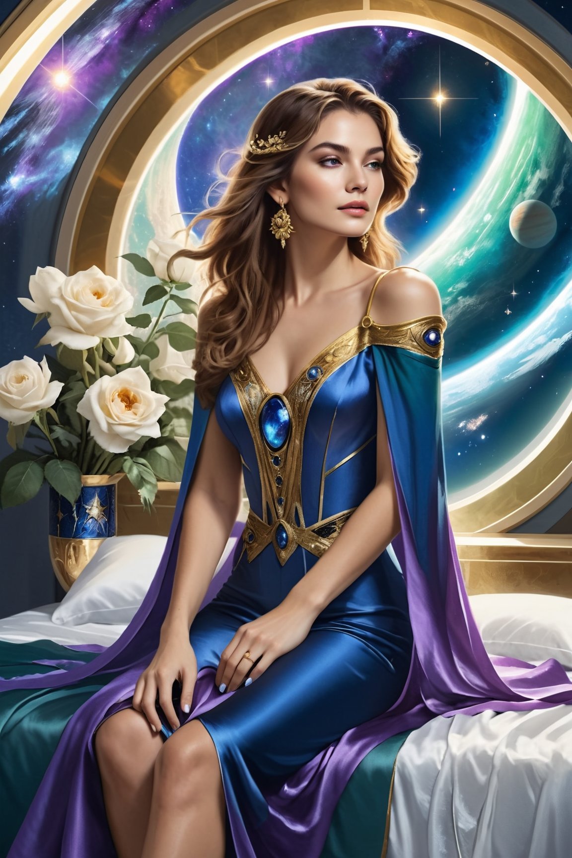 A fantastical digital painting features a woman seated dominantly on a luxurious bed draped with rich blue satin fabric. S...