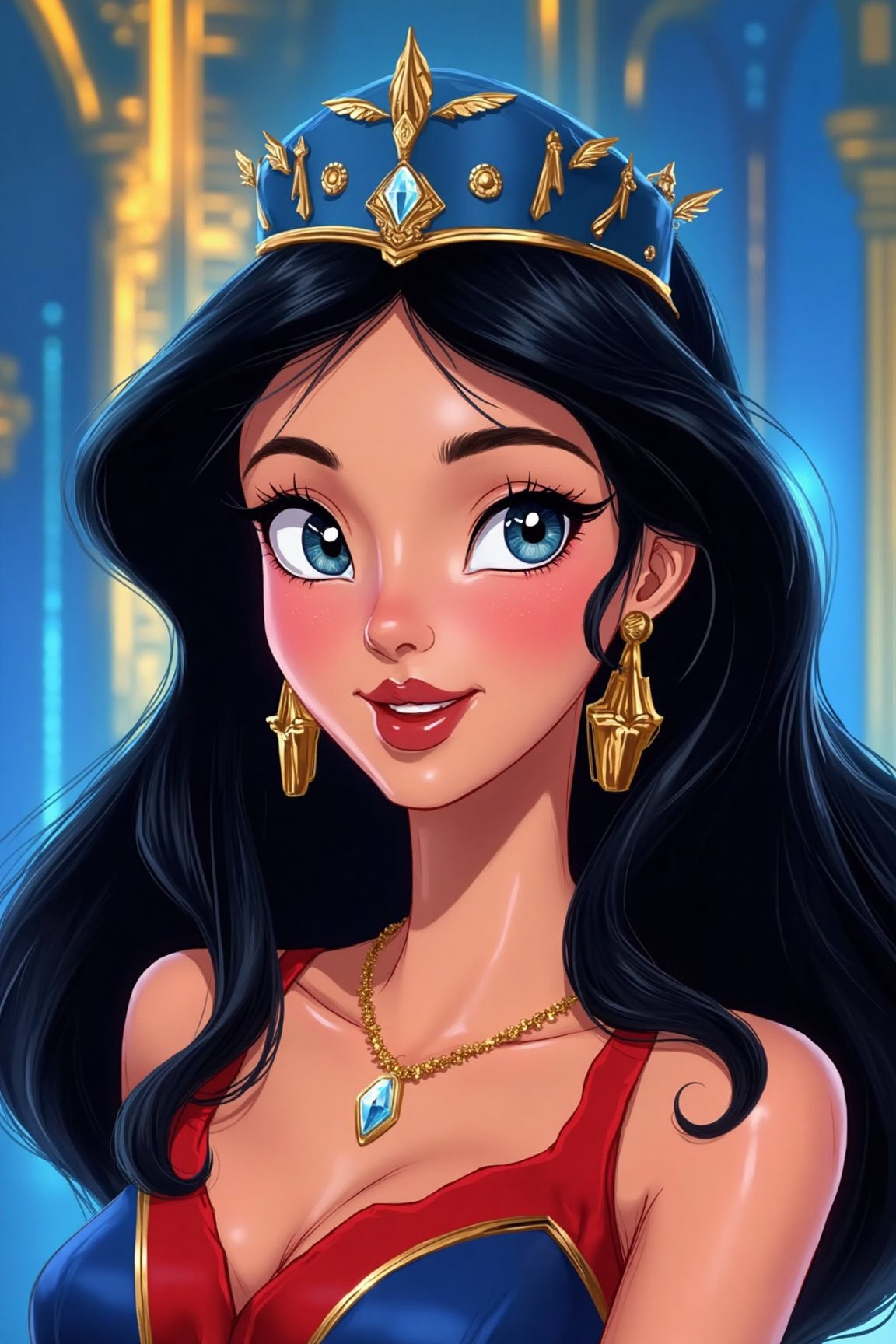An animated image of a woman with long black hair and a blue crown on her head. She is wearing a red and blue dress with a...