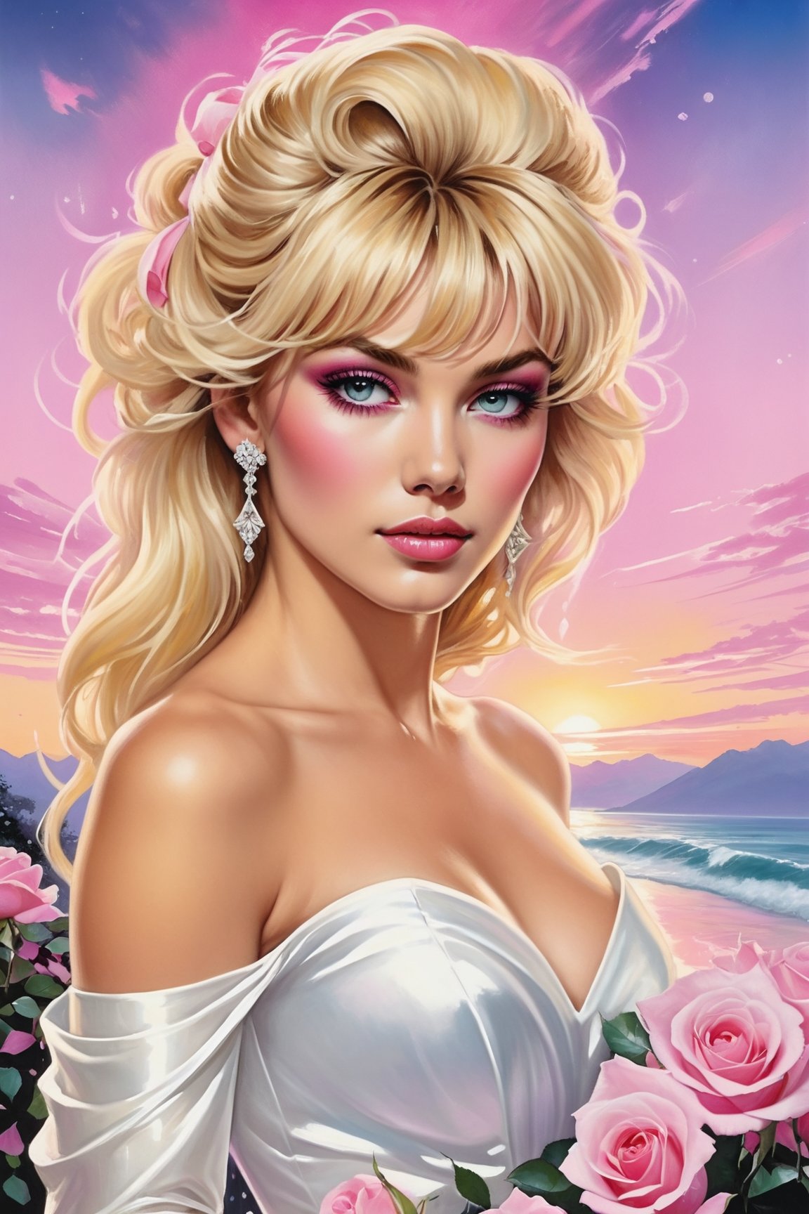 a beautiful blonde woman,  dressed in a white strapless wedding dress,  adorned with white gloves. She is holding a bouque...