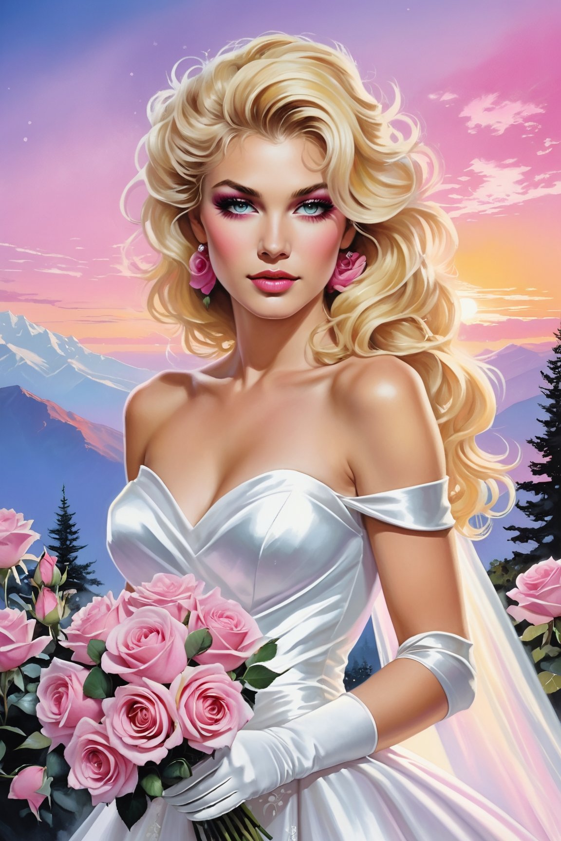 a beautiful blonde woman,  dressed in a white strapless wedding dress,  adorned with white gloves. She is holding a bouque...