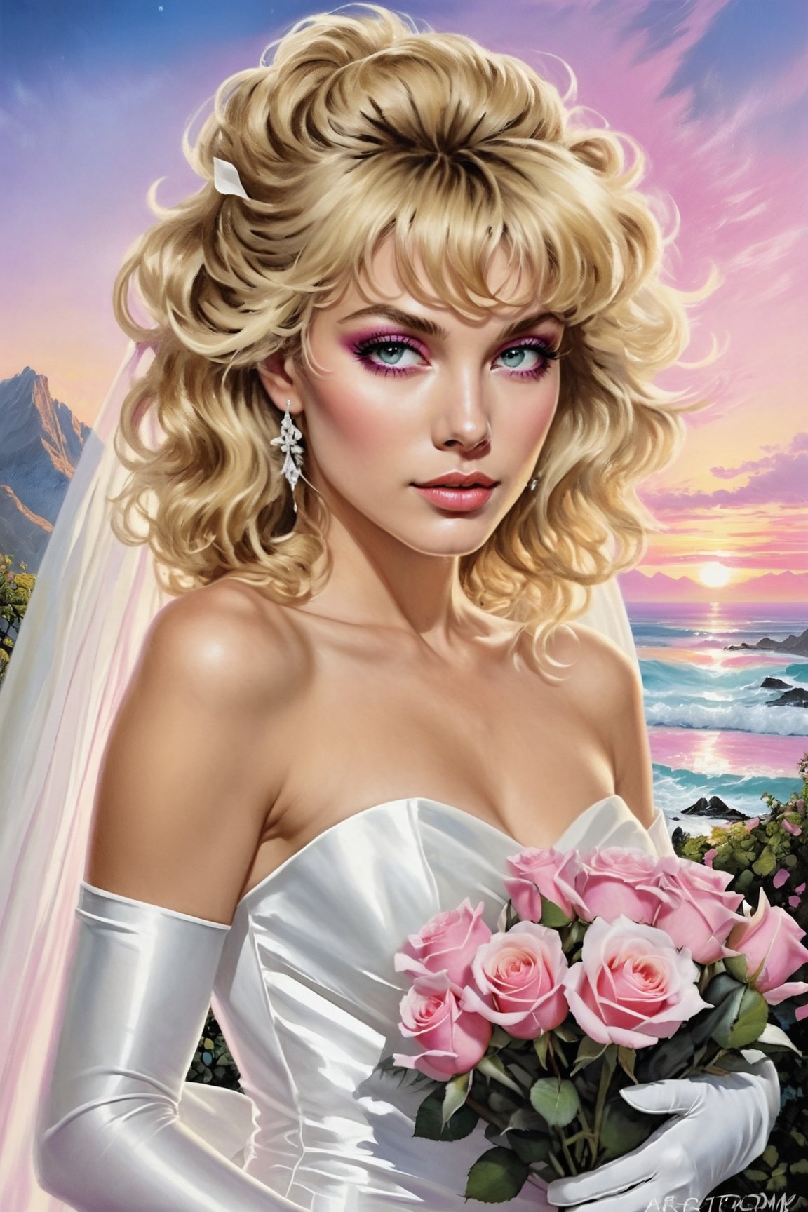 a beautiful blonde woman,  dressed in a white strapless wedding dress,  adorned with white gloves. She is holding a bouque...