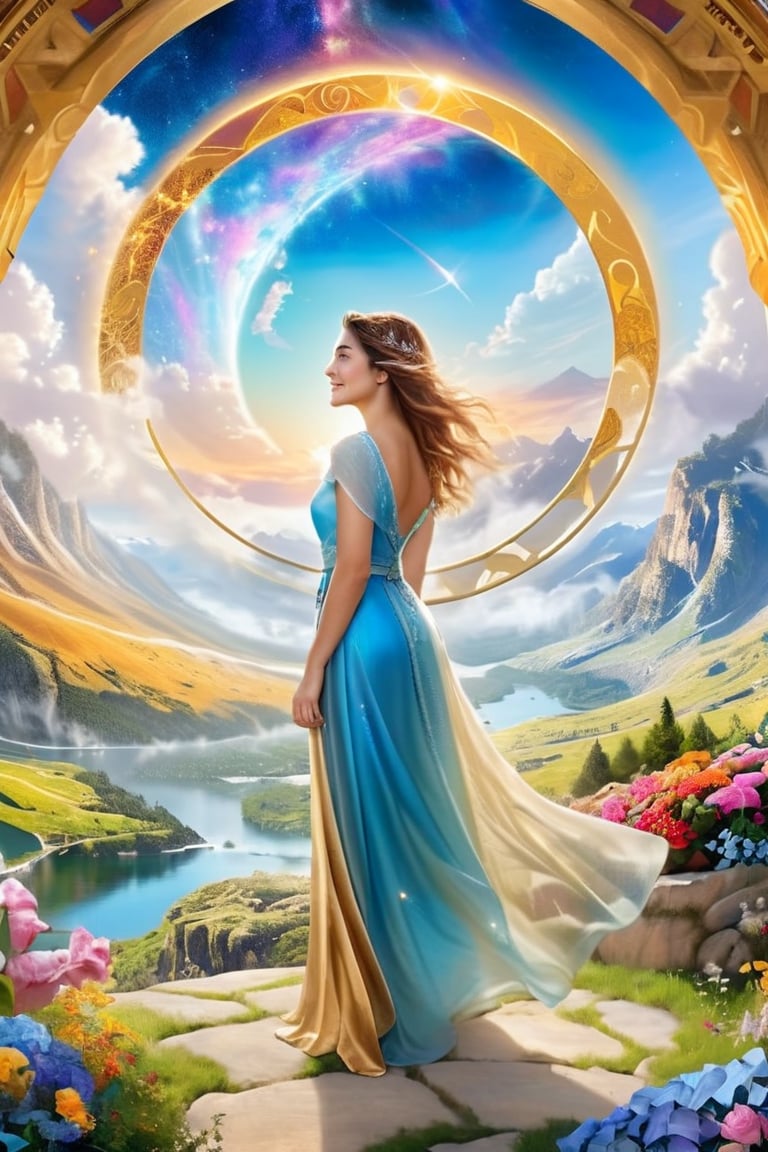 Fantasy land where time and space intertwine,  serene beauty with a face radiating joy and happiness amidst amazing and wo...