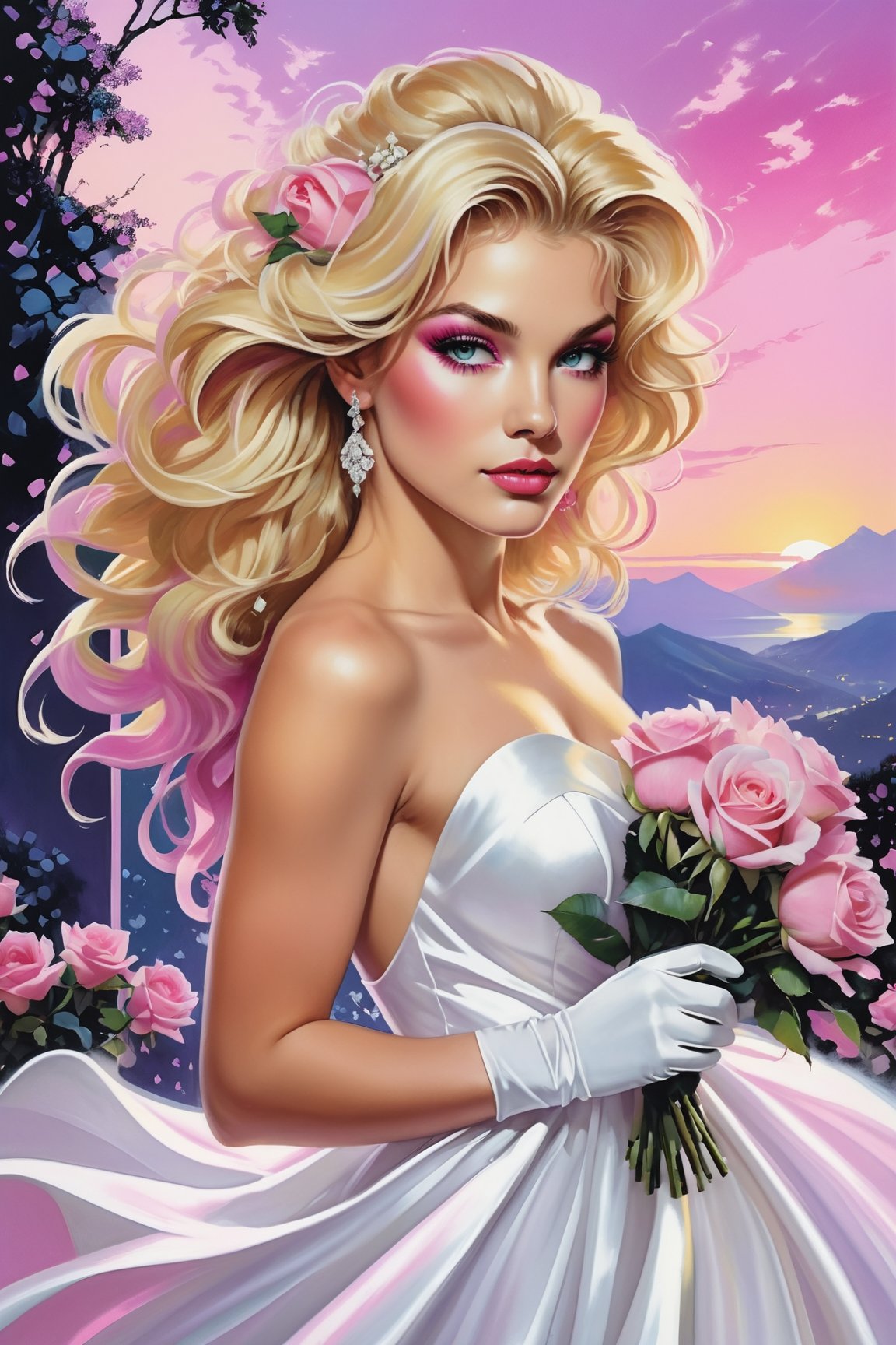 a beautiful blonde woman,  dressed in a white strapless wedding dress,  adorned with white gloves. She is holding a bouque...