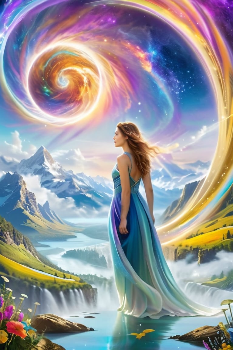 Fantasy land where time and space intertwine,  serene beauty with a face radiating joy and happiness amidst amazing and wo...