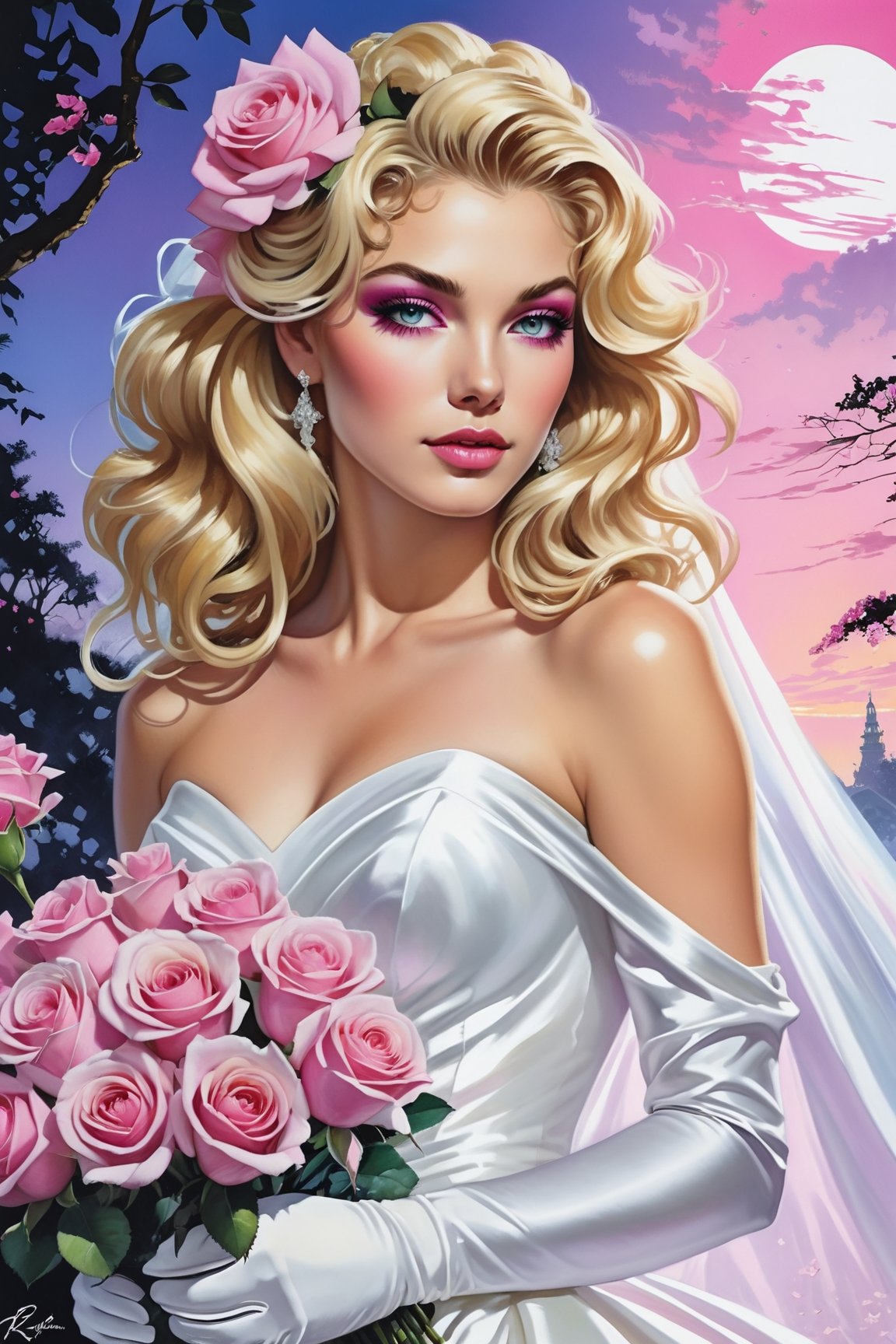 a beautiful blonde woman,  dressed in a white strapless wedding dress,  adorned with white gloves. She is holding a bouque...