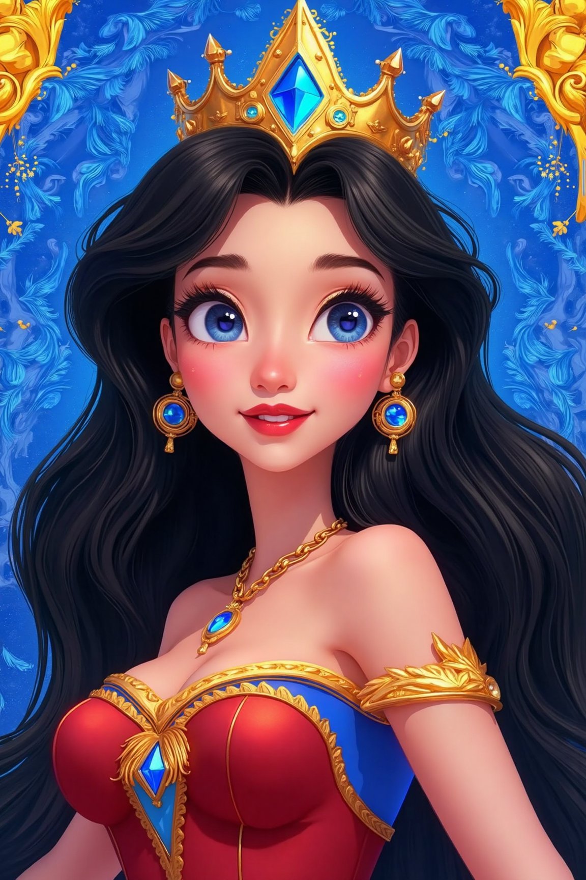 An animated image of a woman with long black hair and a blue crown on her head. She is wearing a red and blue dress with a...